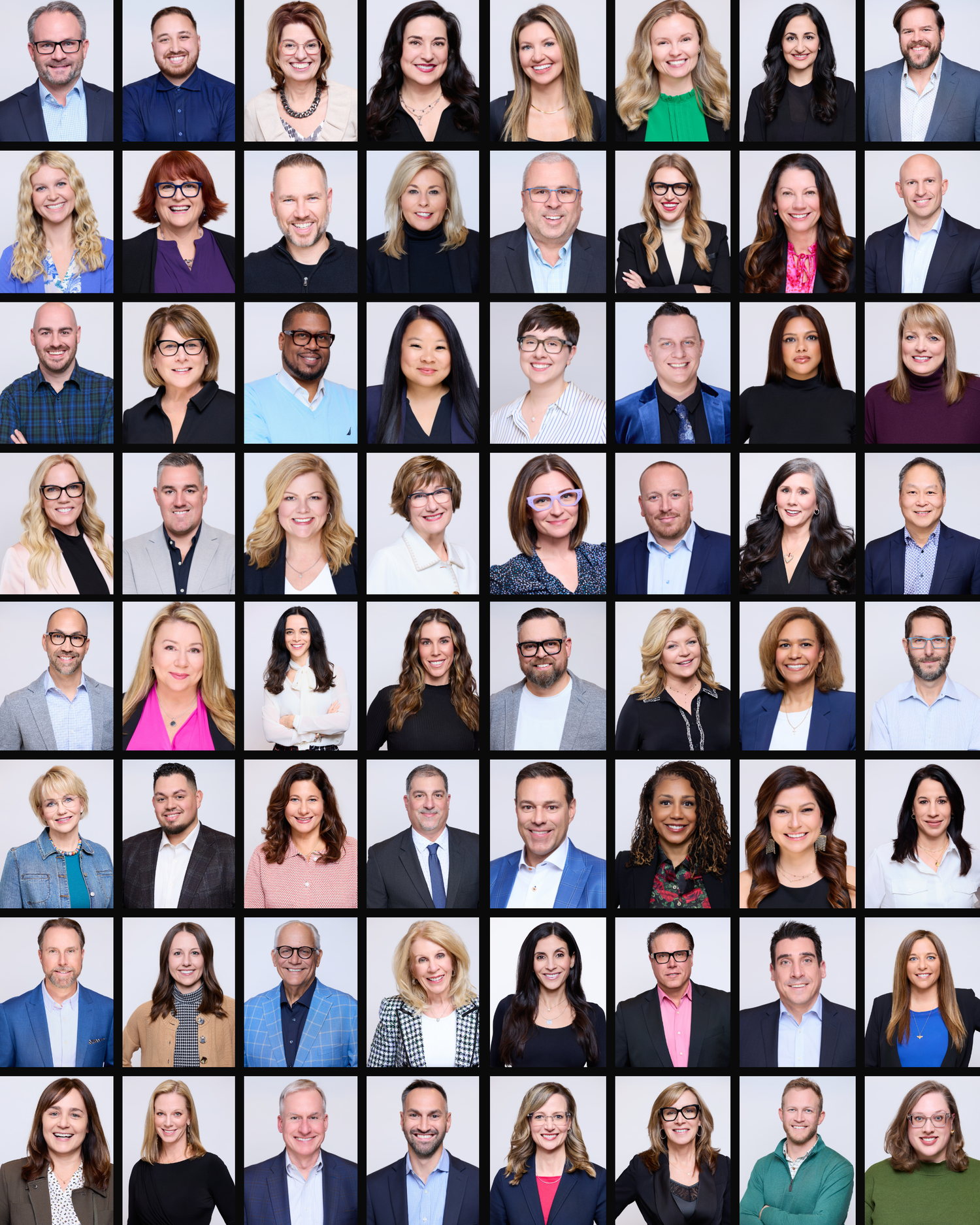 Professional headshot collage grid showing corporate team members against neutral backgrounds.