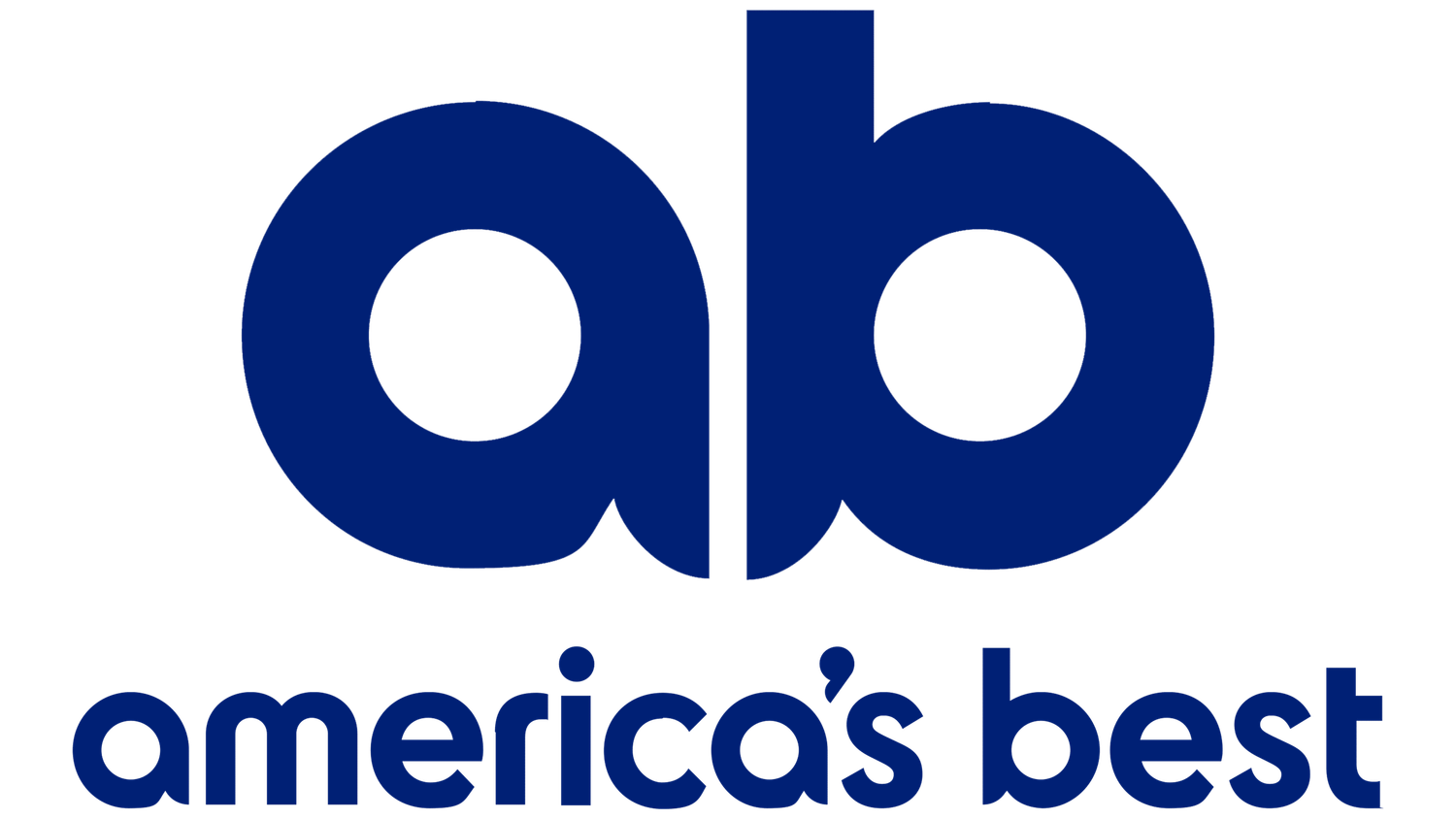 Various America's Best company logos arranged in a row showing brand evolution over time in blue and white colors.