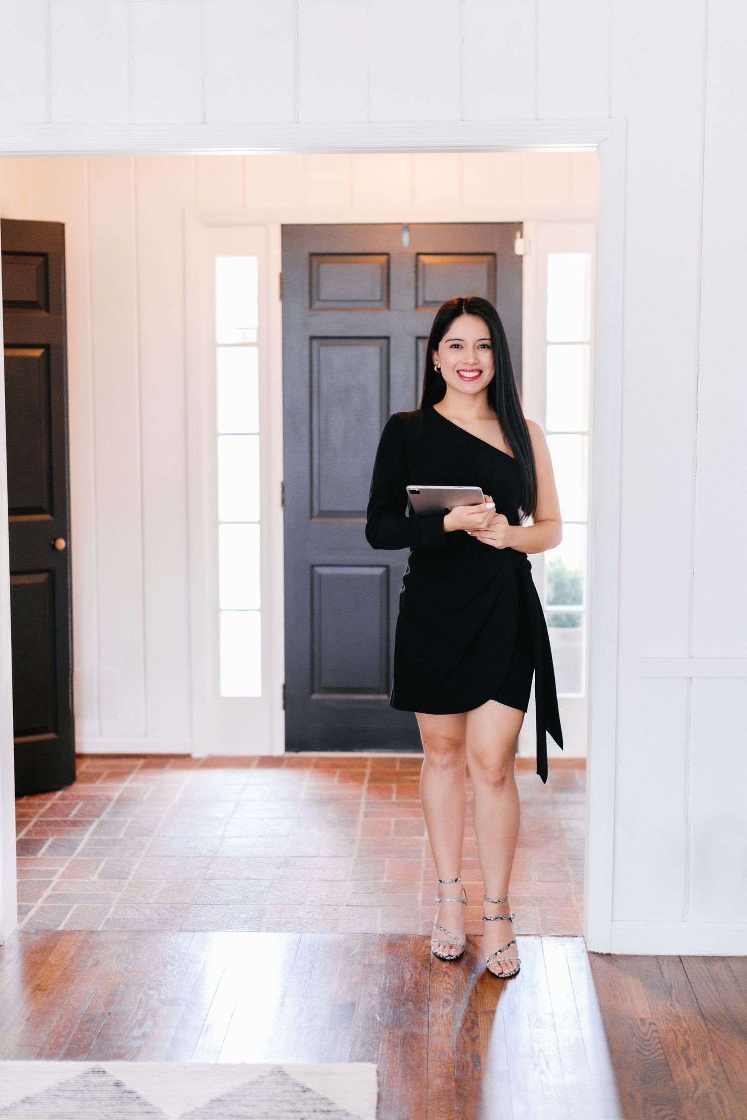 Series of interior photos showing someone posing in a black dress against white walls and hardwood floors.