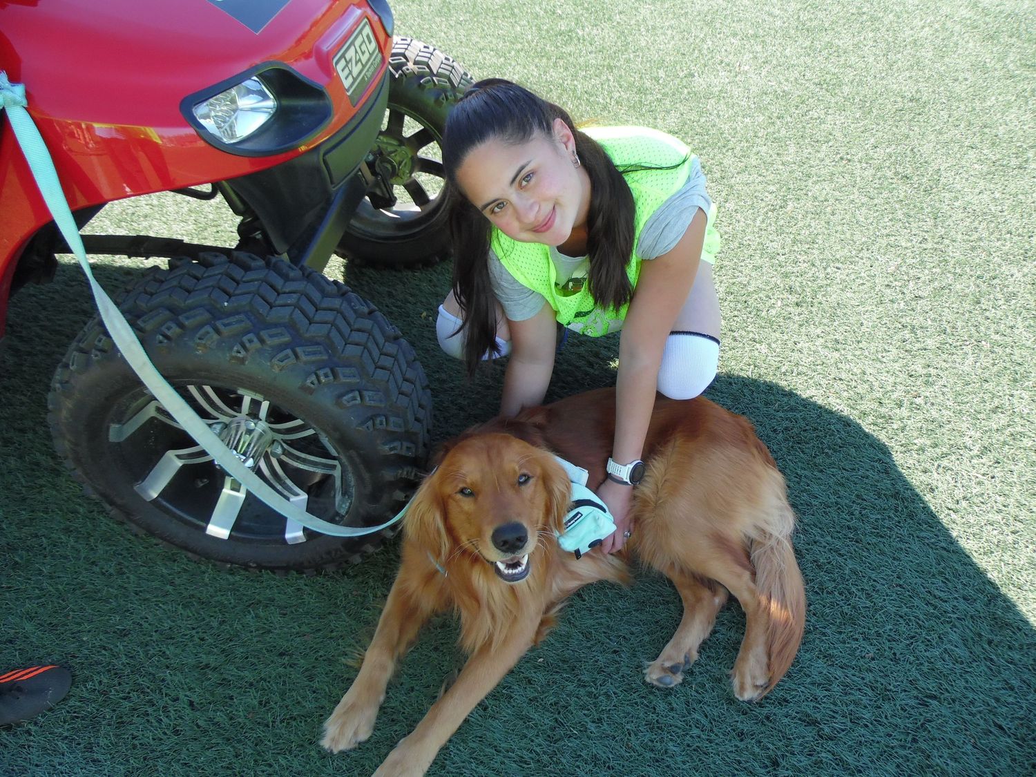 A smiling girl in a green shirt kneels beside a golden retriever holding a golf ball, next to a red golf cart on turf.