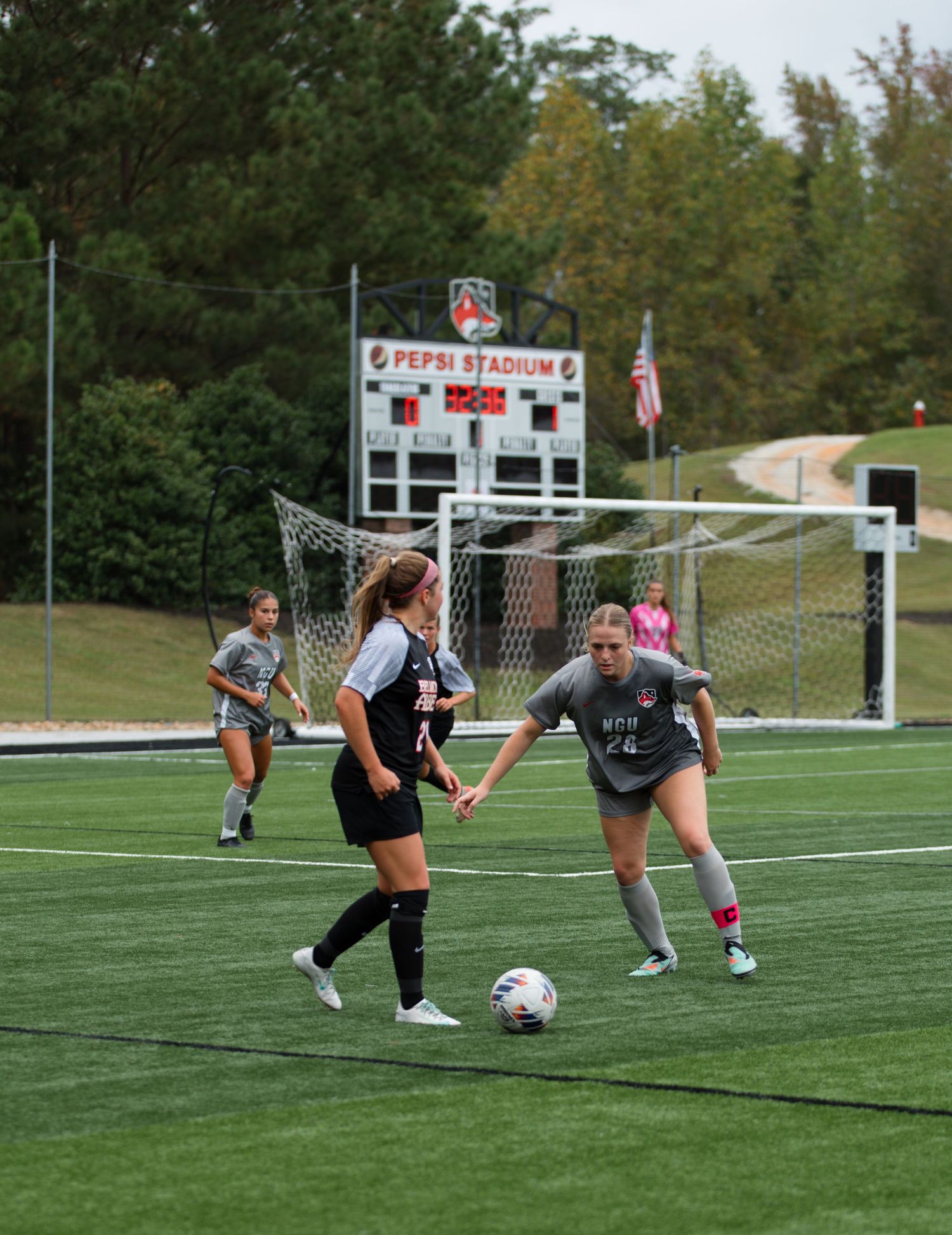 Soccer players during an intense possession