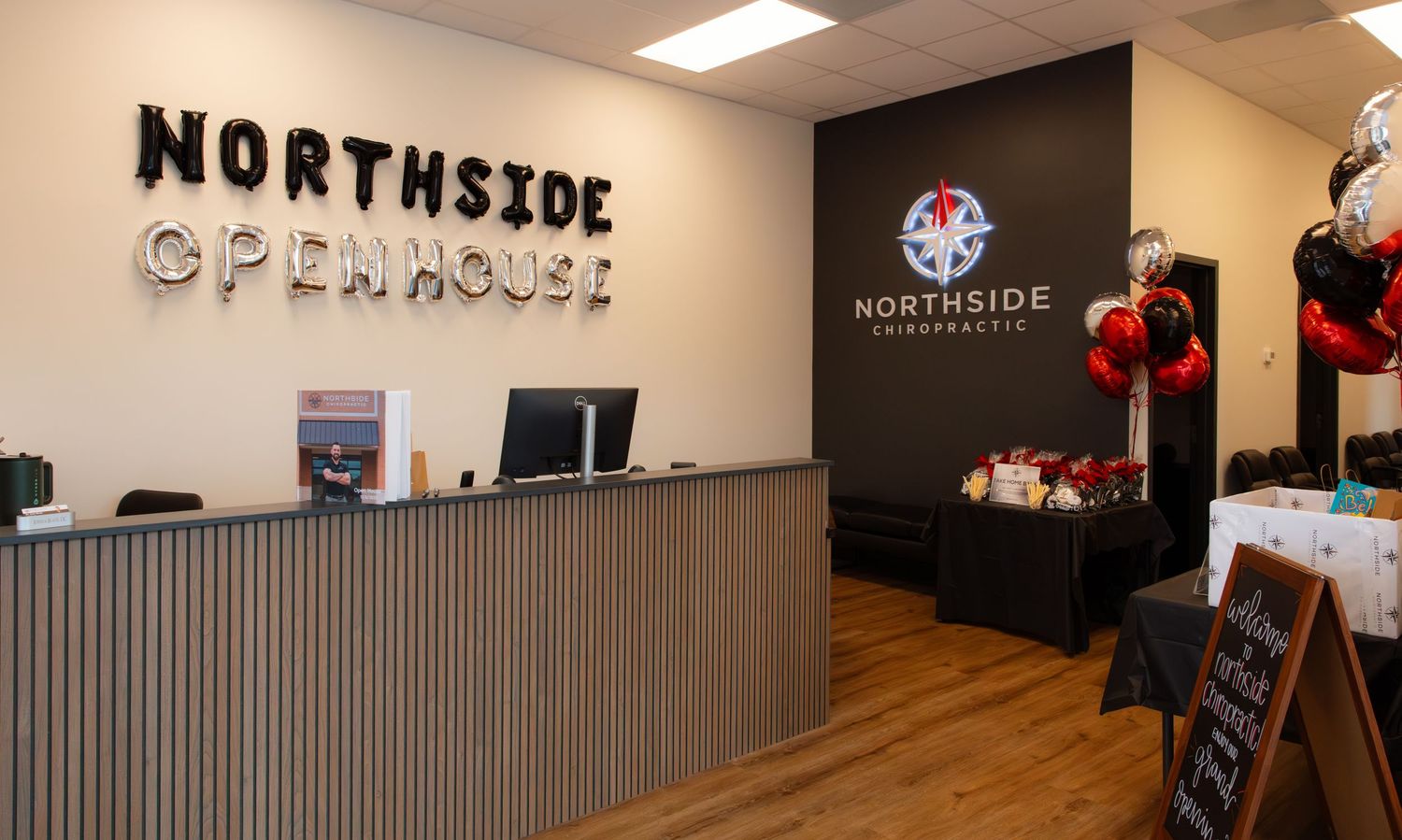 Modern interior of Northside Chiropractic office with sleek grey walls and minimalist design.