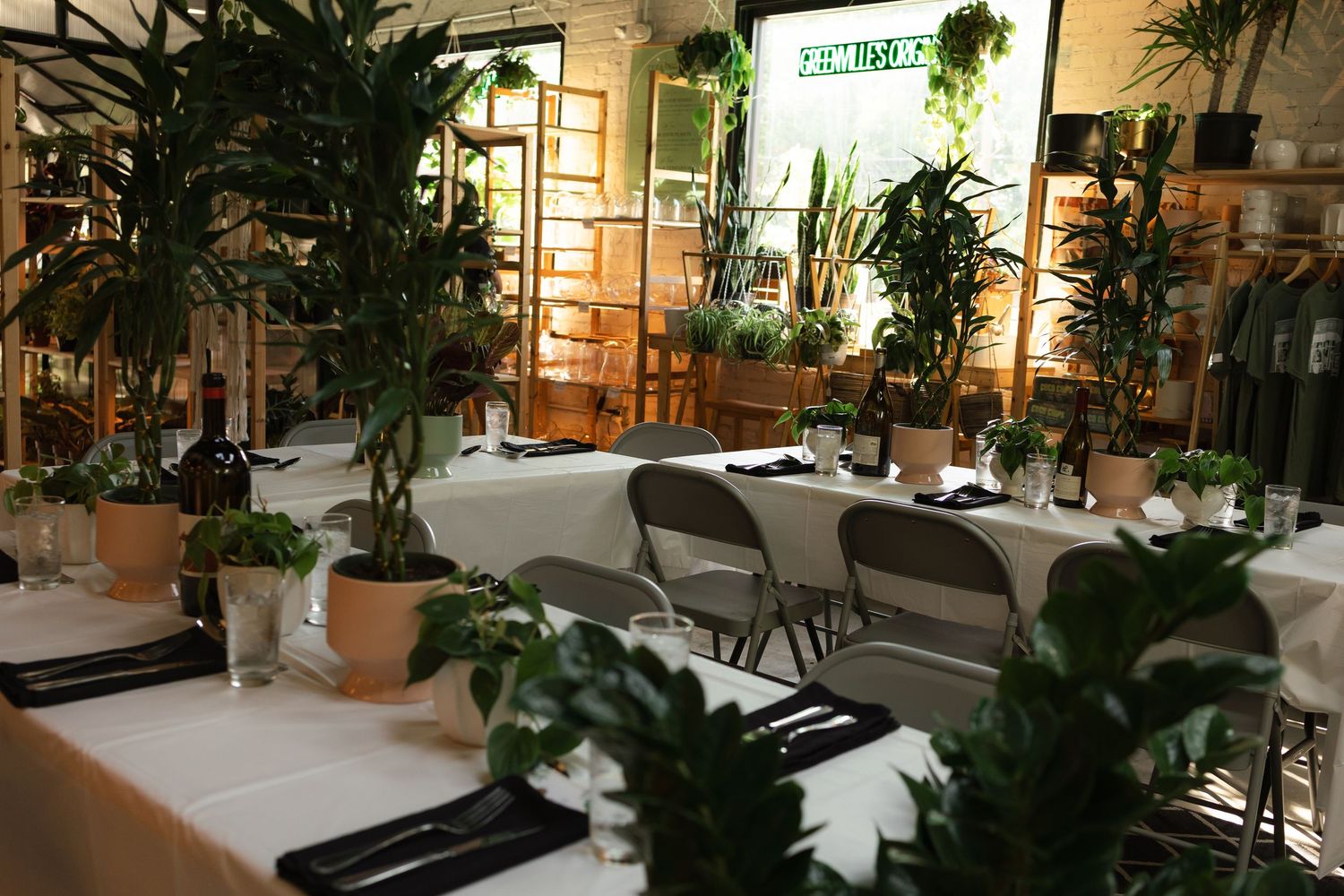 Modern restaurant interior with white tablecloths and tropical plants.