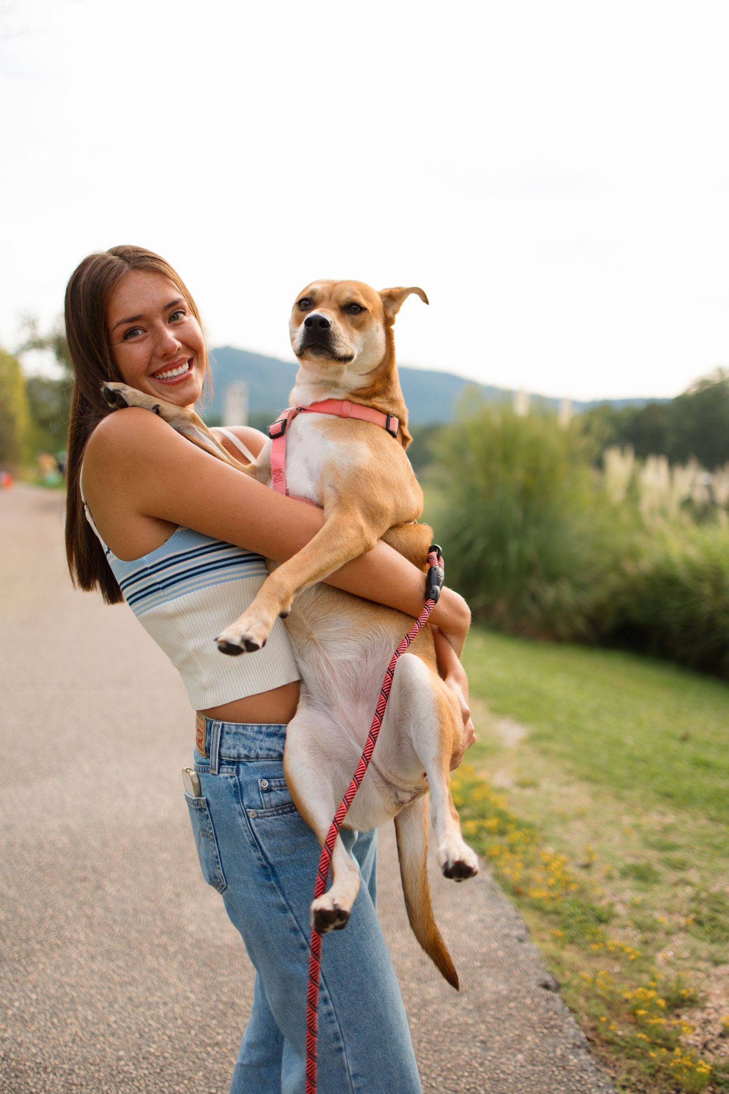 Person holding and hugging happy tan dog on outdoor path.