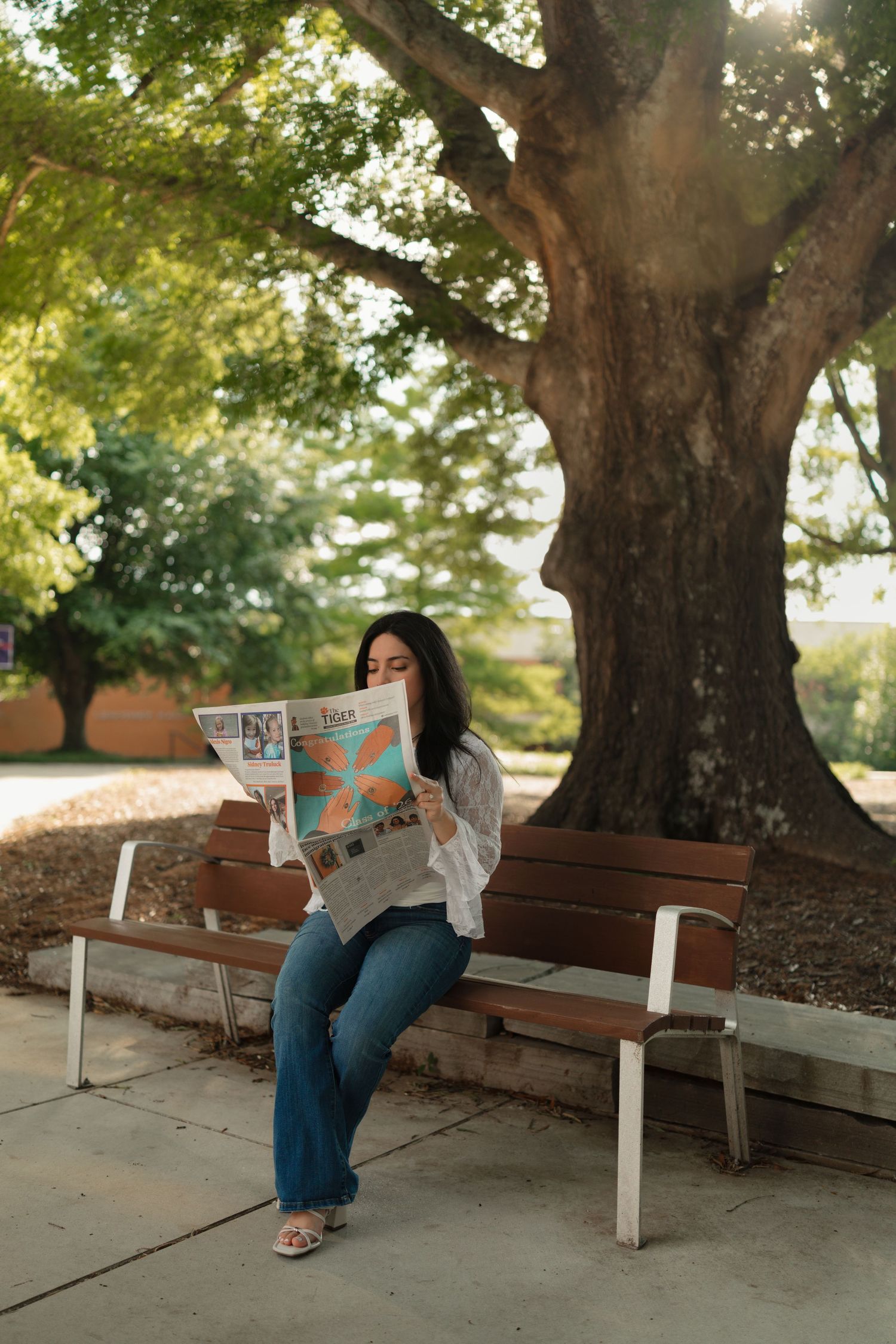 Woman sitting on a park bench reading a newspaper under a large tree on a sunny day.