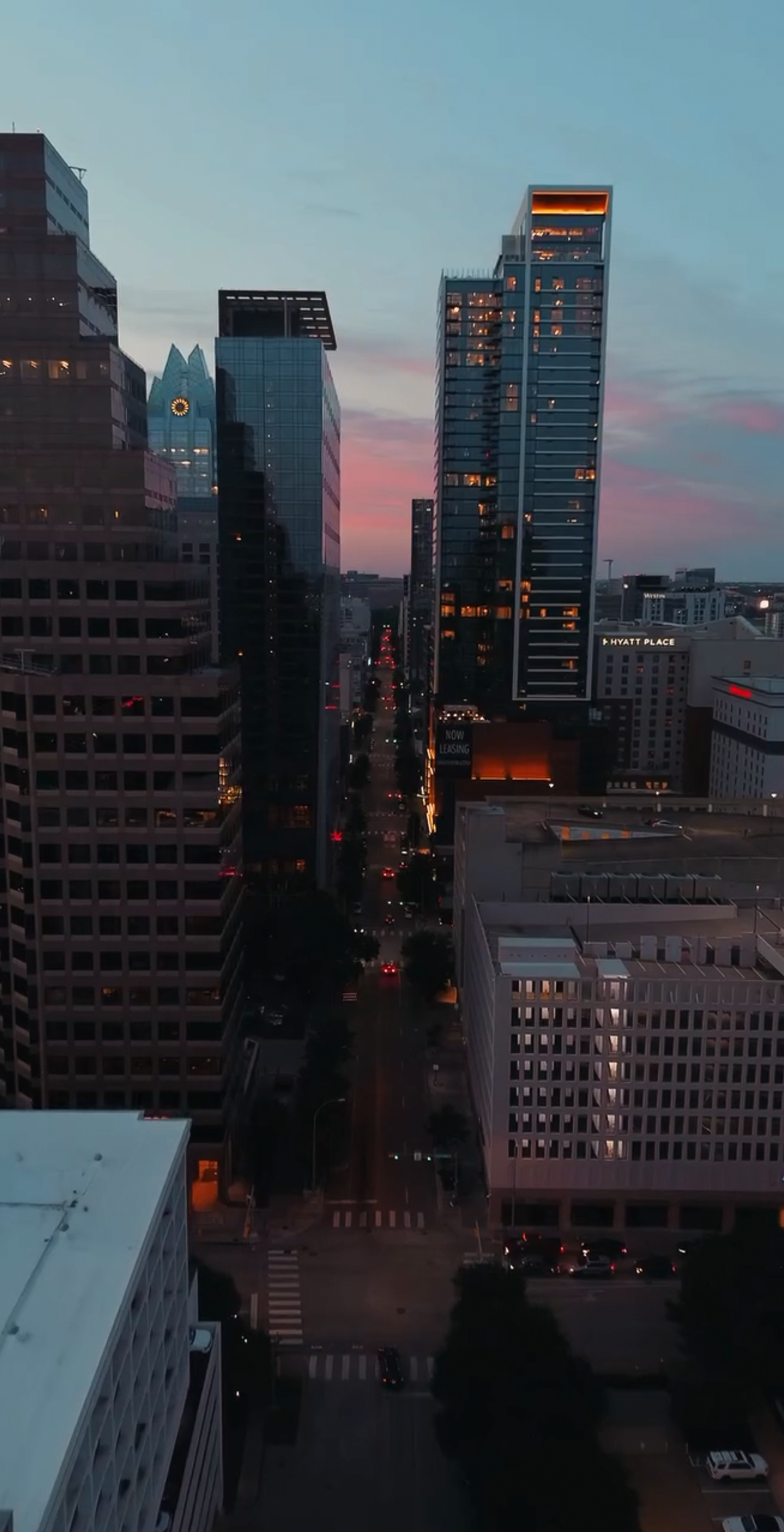 Sunset aerial image of downtown Austin, Tx.