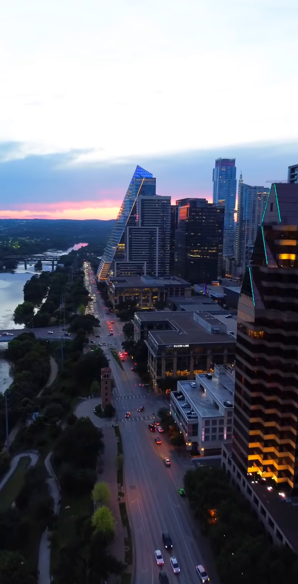 Sunset aerial image of downtown Austin, Tx.