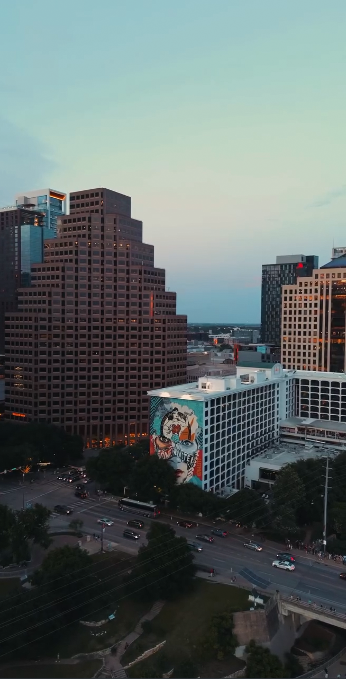 Sunset aerial image of downtown Austin, Tx.