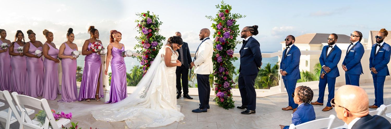 A collage of wedding ceremony photos showing couples, floral arrangements and outdoor celebration scenes.