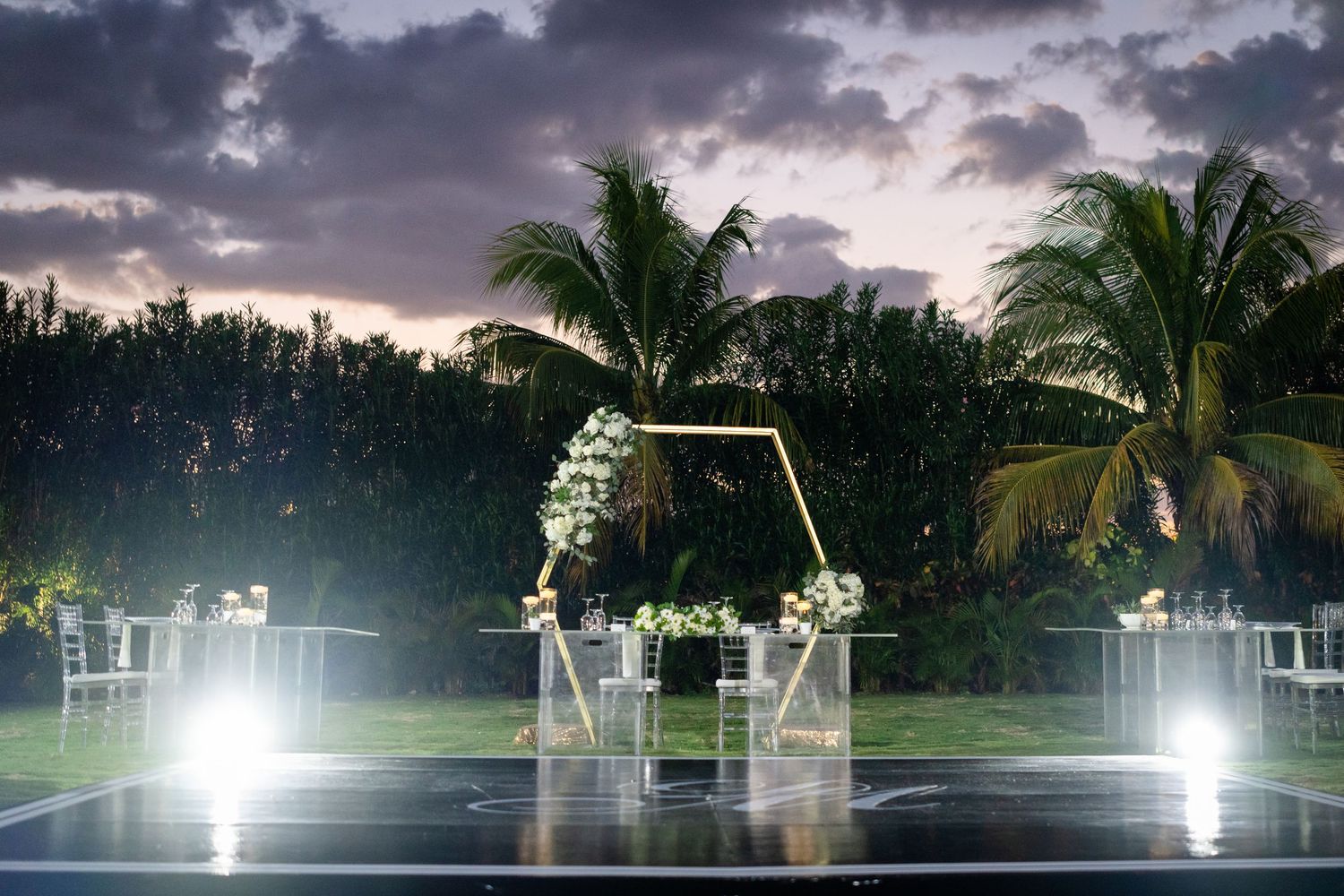 A series of nighttime landscape scenes showing palm trees, fountains and outdoor lighting against a dusky sky.