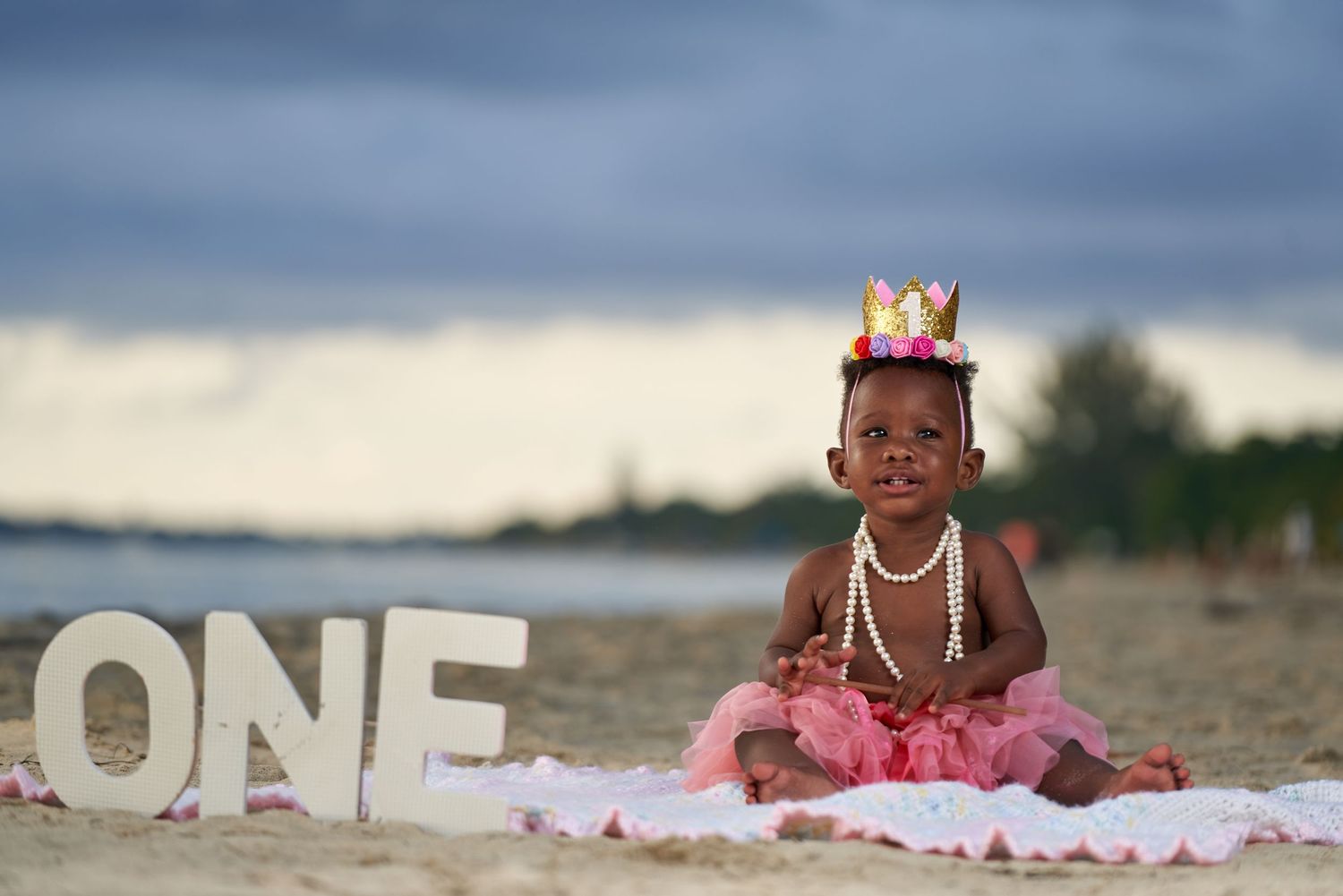 One year old cake smash portrait of a baby girl wearing pink tulle skirt against cloudy sky backdrop.