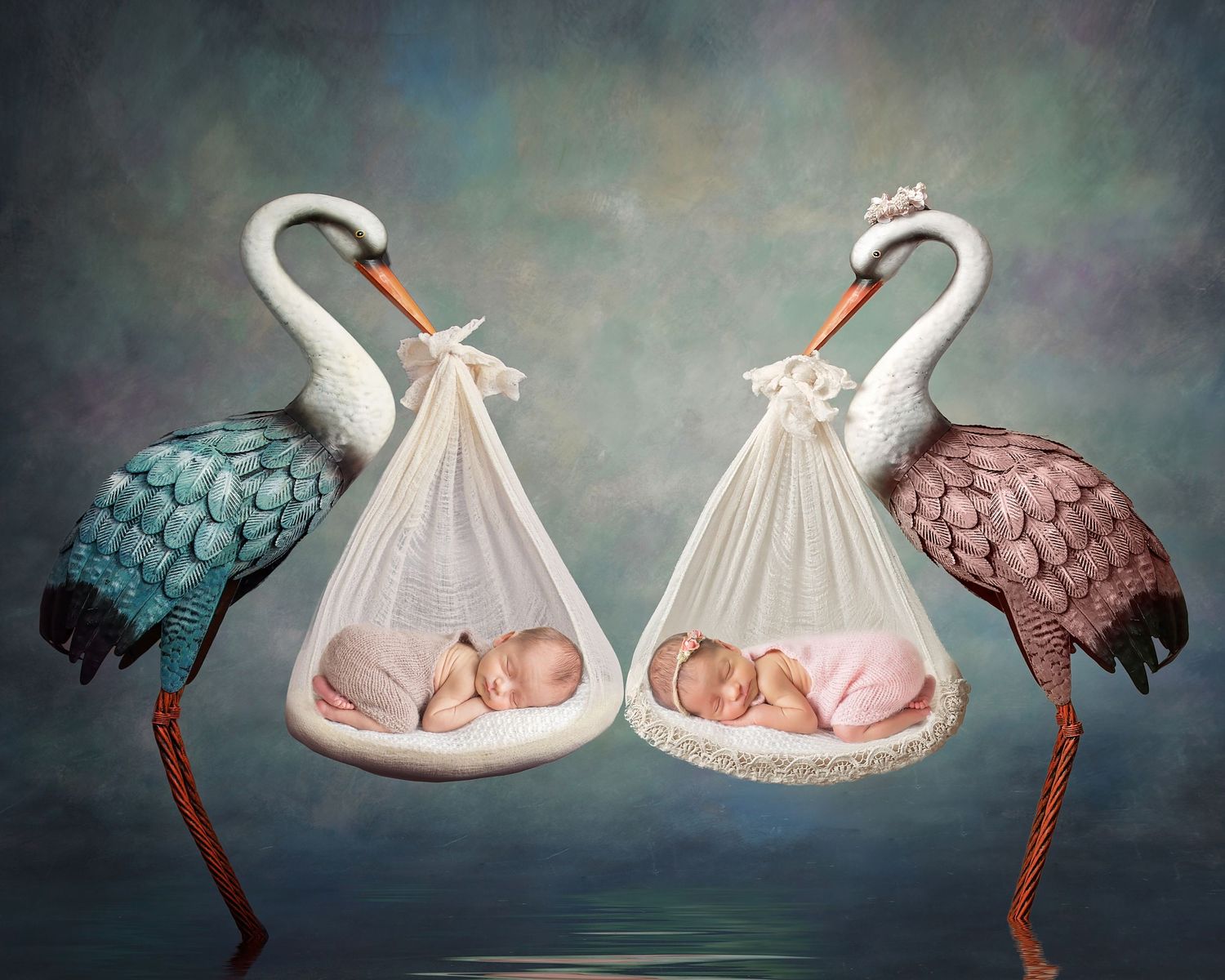Whimsical stork-themed newborn photography setup with swan props. San Diego Newborn Photographer
