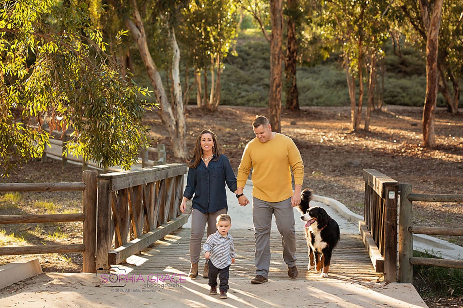 Family walking together along a wooden boardwalk surrounded by tall trees during golden hour