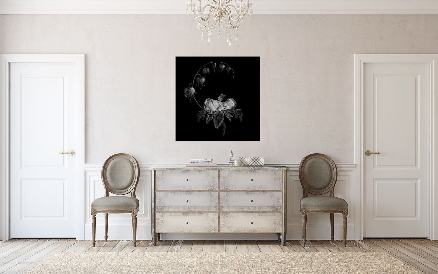 Minimalist interior room design with white walls and elegant furniture.