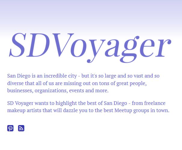 Website header for SDVoyager magazine featuring blue text and navigation menu.