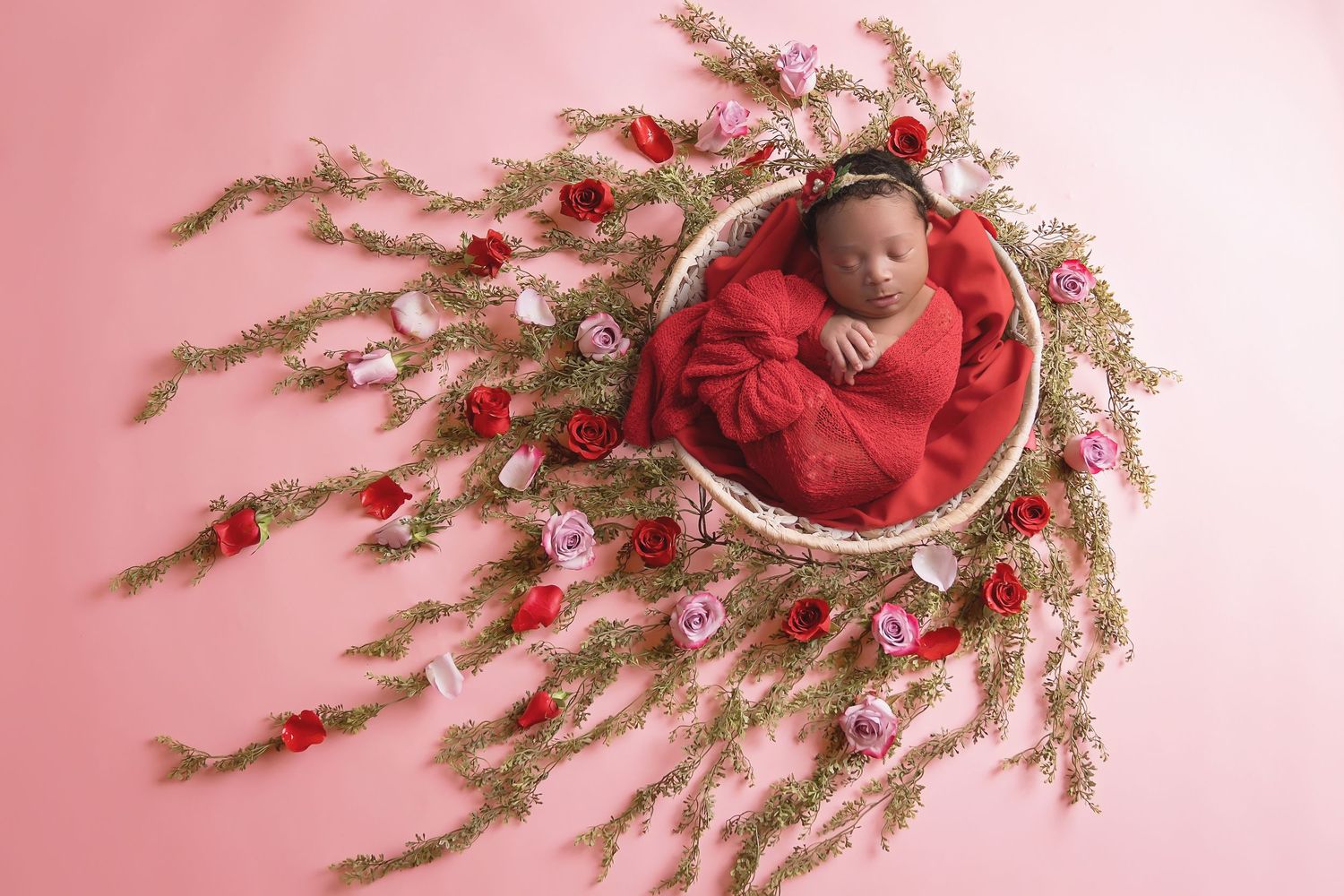 Artistic newborn photography with red fabric and dried flower arrangements on pink backdrop. San Diego Newborn Photographer