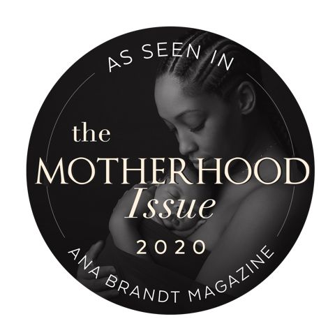 Collection of magazine feature badges showing 'Motherhood Issue' and 'As Seen In' branding.