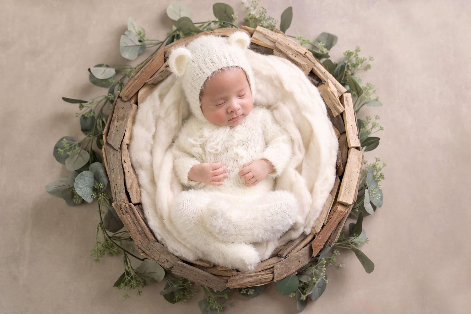 Rustic newborn photography setup with baby in woven basket surrounded by eucalyptus leaves. San Diego Newborn Photographer