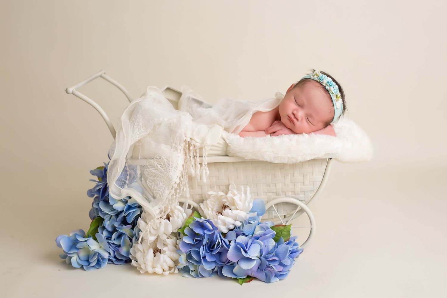 Newborn baby sleeping in basket with blue hydrangea flowers and white lace accents. San Diego Newborn Photographer