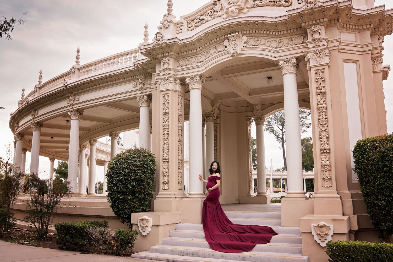 Elegant architectural columns and balustrades in classic European style. San Diego Maternity Photographer
