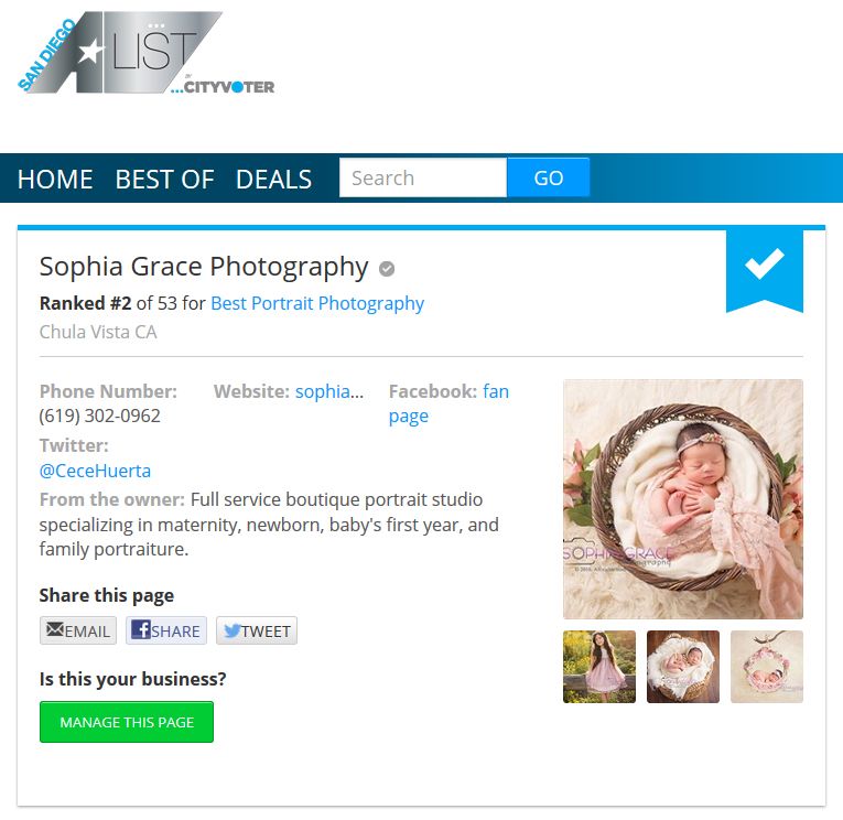Screenshot of photography business listing showing newborn and maternity photo portfolio.