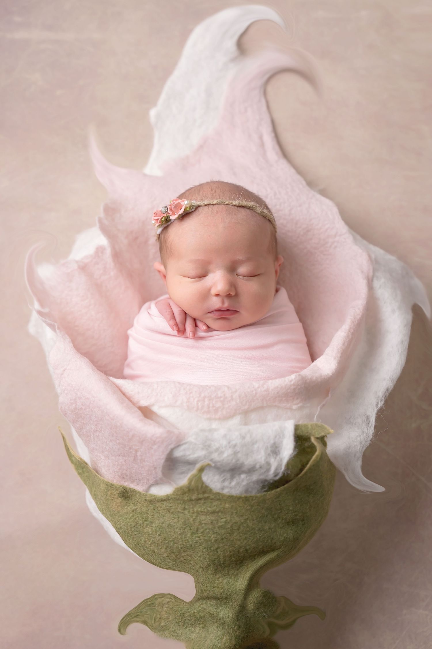 San Diego newborn photographer captures Artistic newborn photography featuring baby nestled in pink and green floral-inspired prop setup.