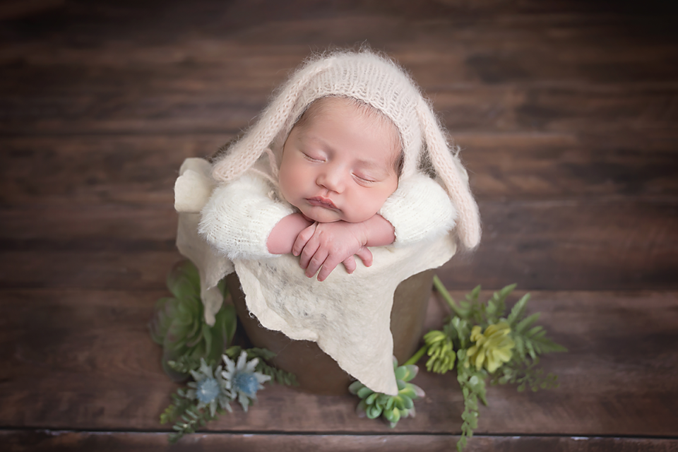 Sleeping newborn baby in a knit bonnet posed in a wooden bucket with green succulents on a rustic wood background.