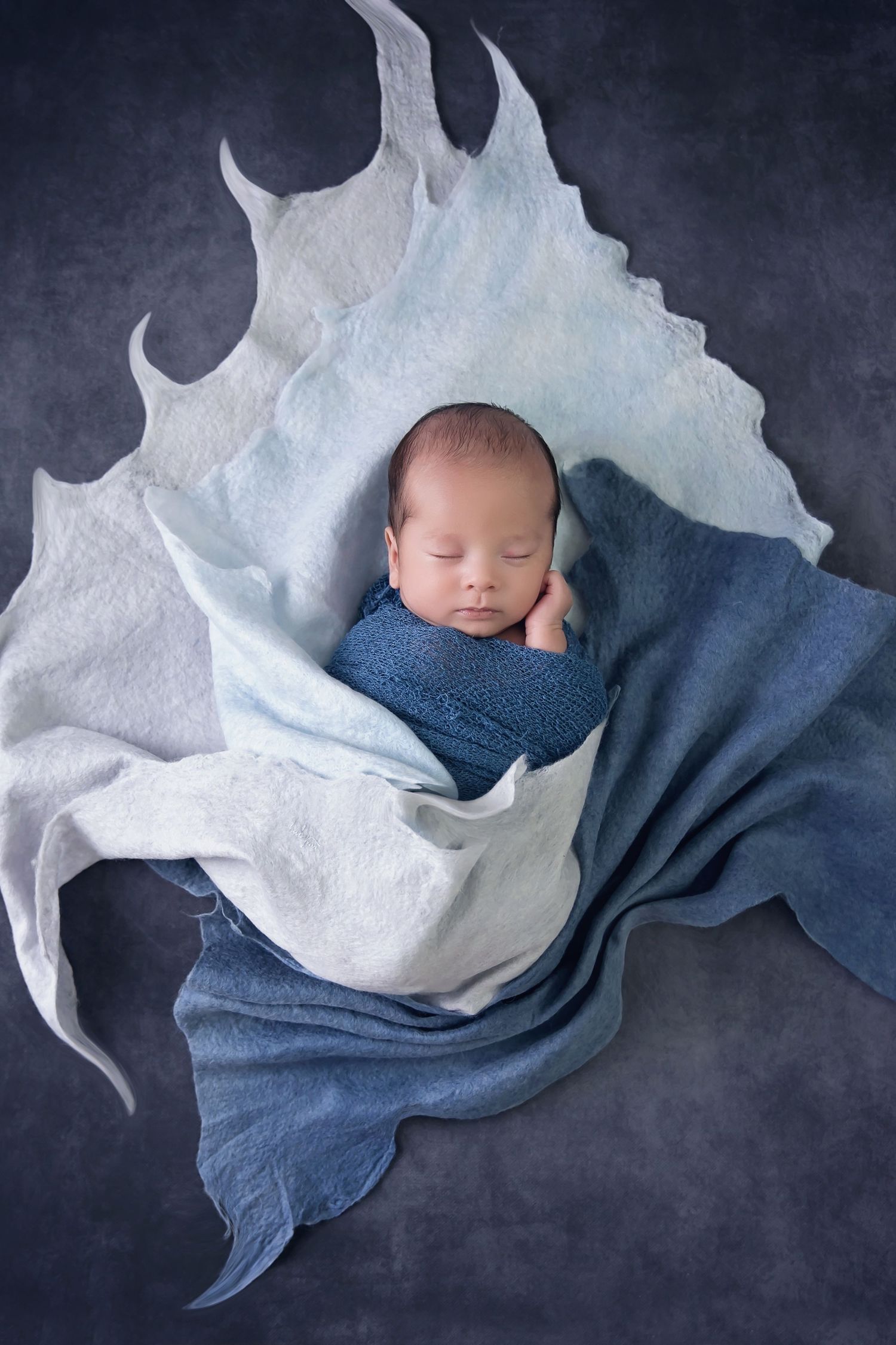 Dramatic newborn portrait with baby wrapped in navy and white fabrics against dark background. San Diego Newborn Photographer