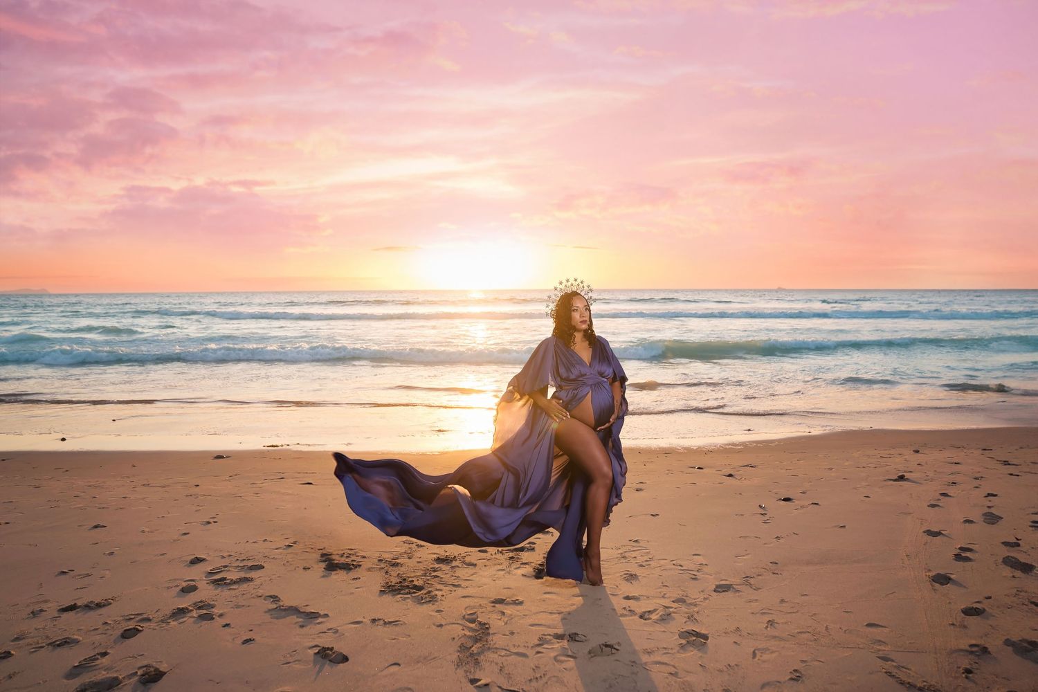 san diego Sunset beach maternity photography session with flowing dresses and golden light.