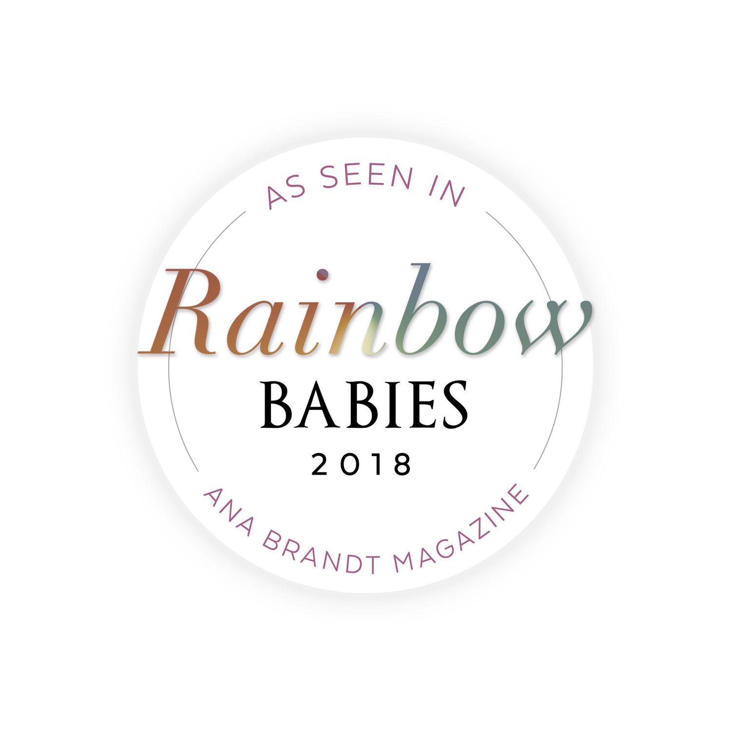 Magazine feature badges from publications like Rainbow Magazine and Babies 2018.