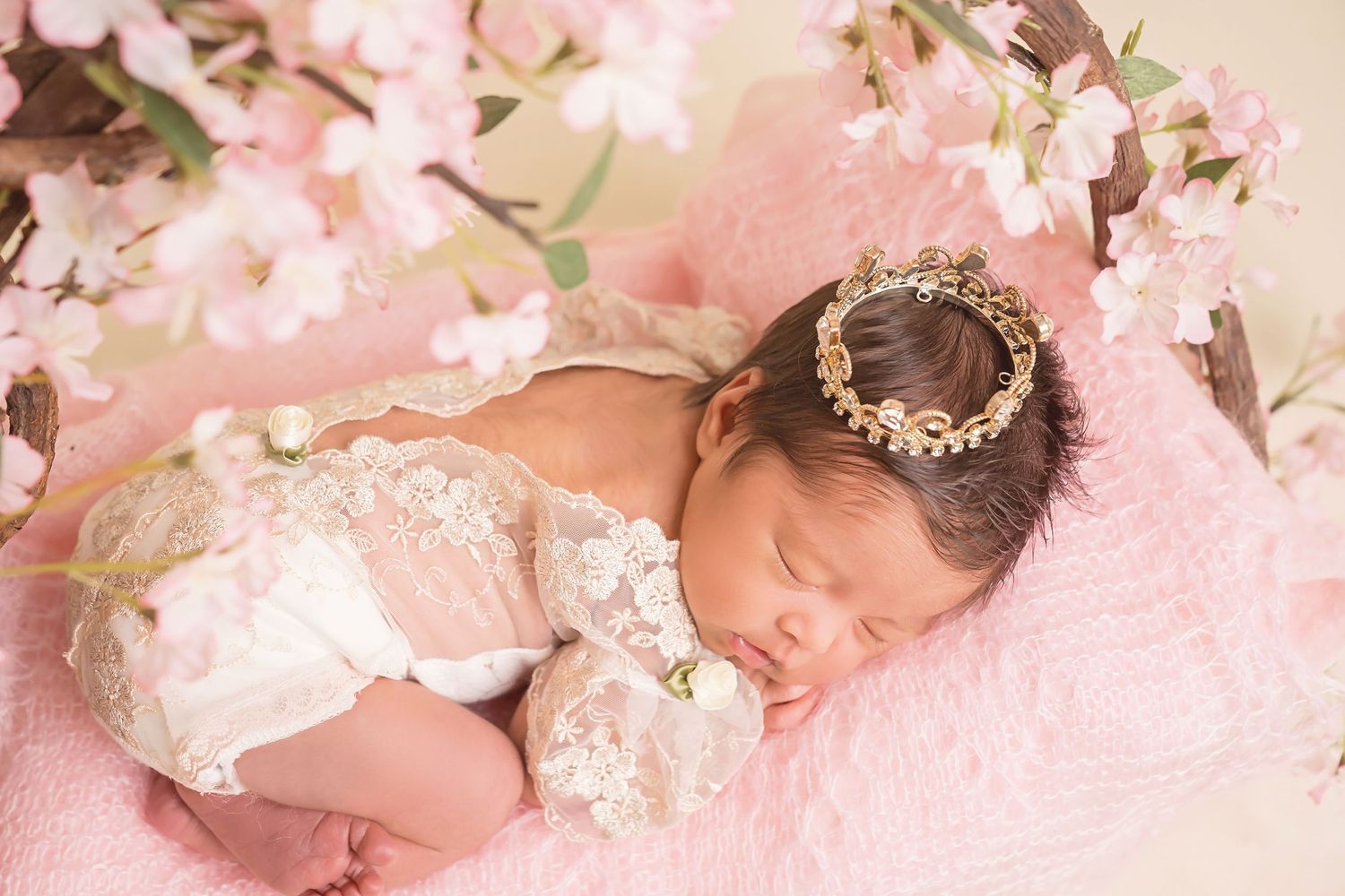 Delicate newborn portrait with pink cherry blossoms and floral crown against soft background. San Diego Newborn Photographer