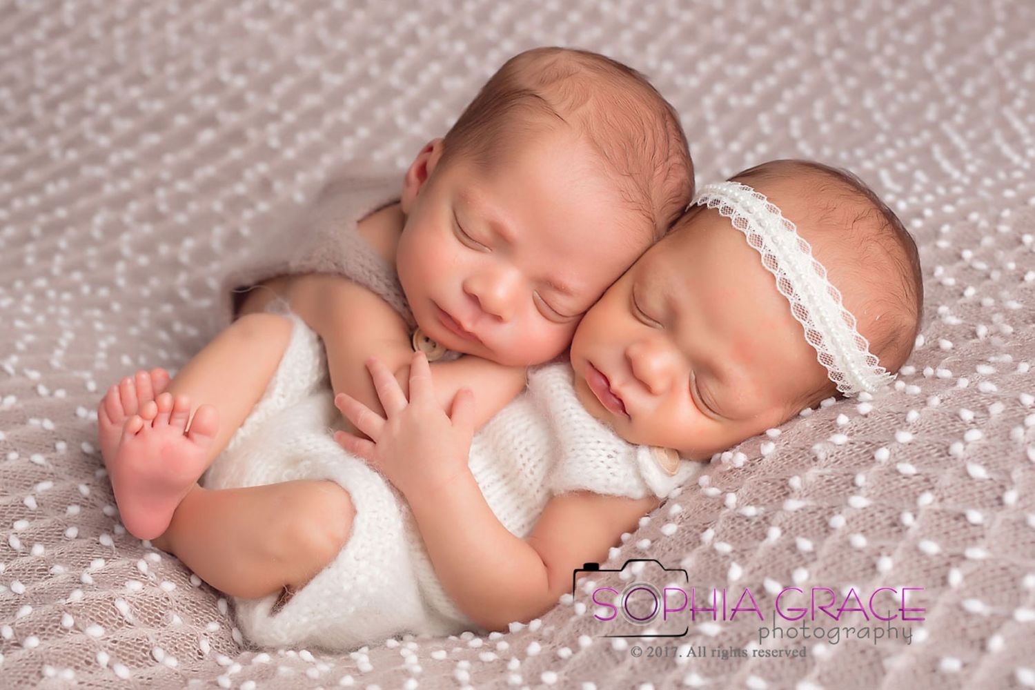 Sleeping newborn twins posed on textured white knit blanket in various gentle positions. San Diego Newborn Photographer