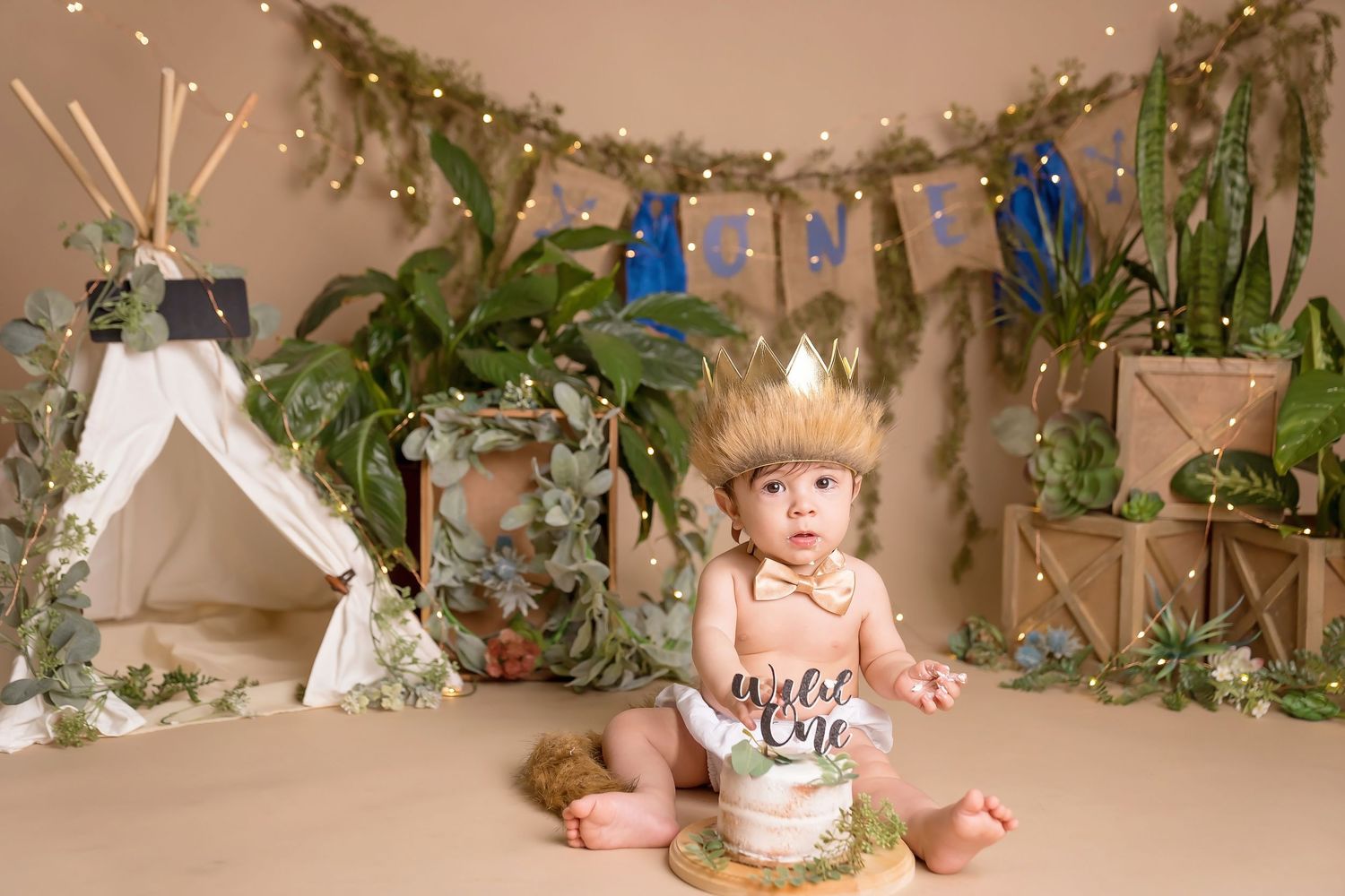 Nature-inspired photography scene with plants, teepee and bohemian decorative elements.