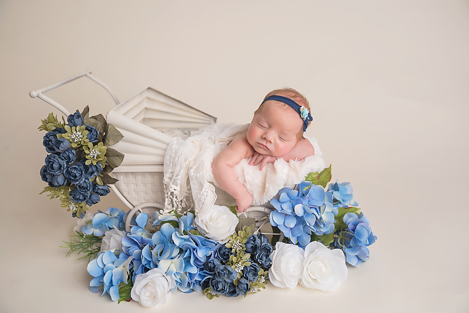 Newborn baby sleeping in white vintage pram surrounded by blue and white floral arrangements in studio portrait.