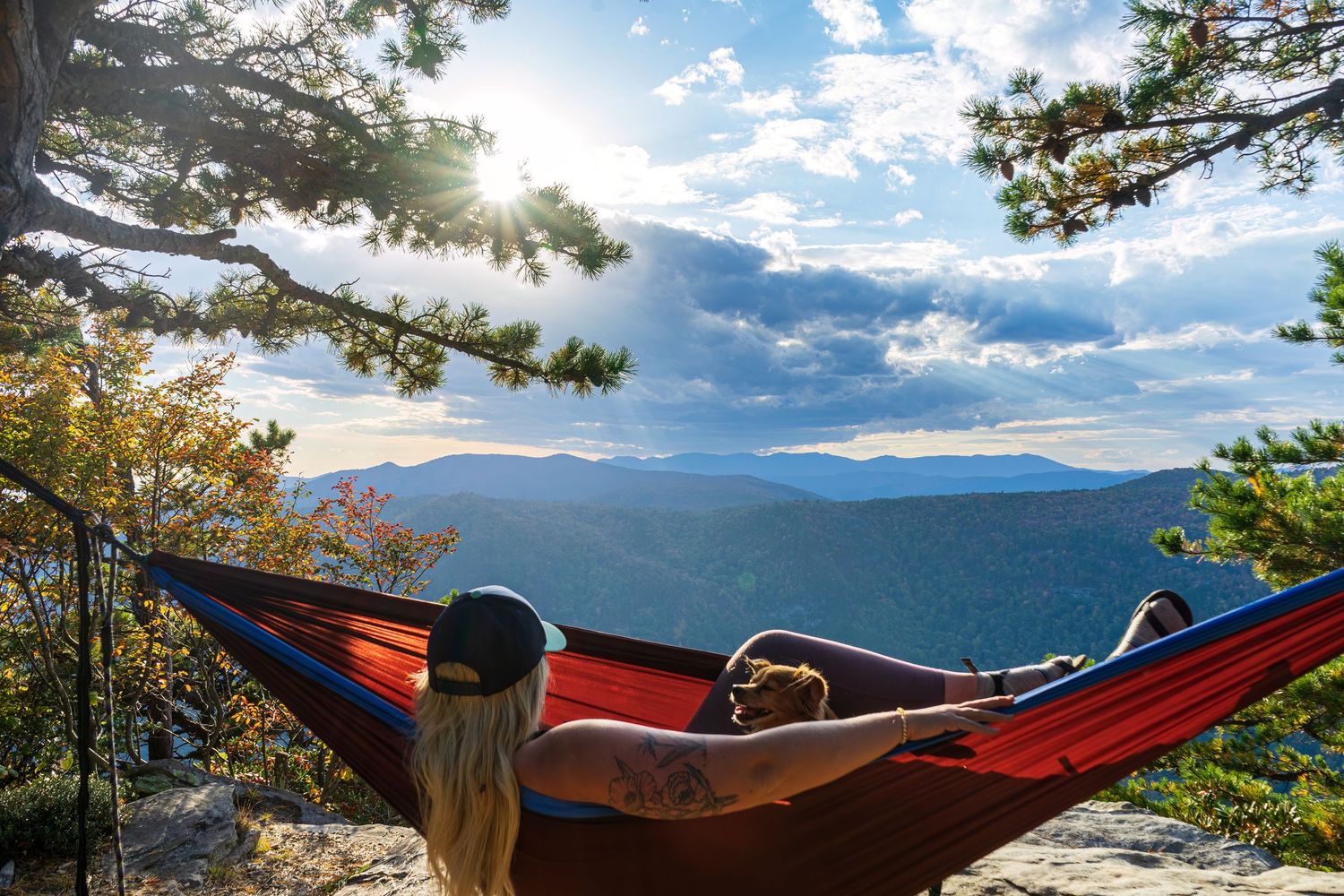 A red hammock hangs between trees against a scenic mountain backdrop with blue skies.
