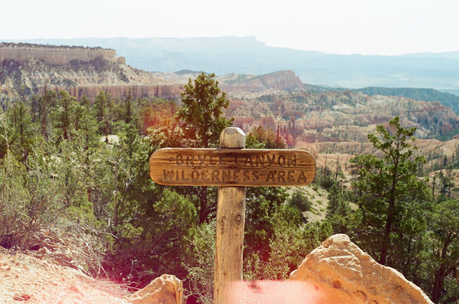 Panoramic view of desert canyon landscape with wooden trail sign in foreground.