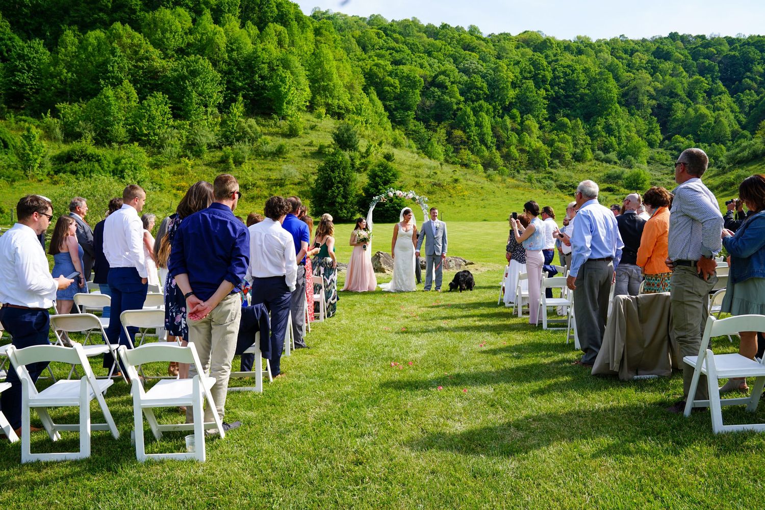 Panoramic view of white chairs arranged on a grassy hillside for an outdoor wedding ceremony.