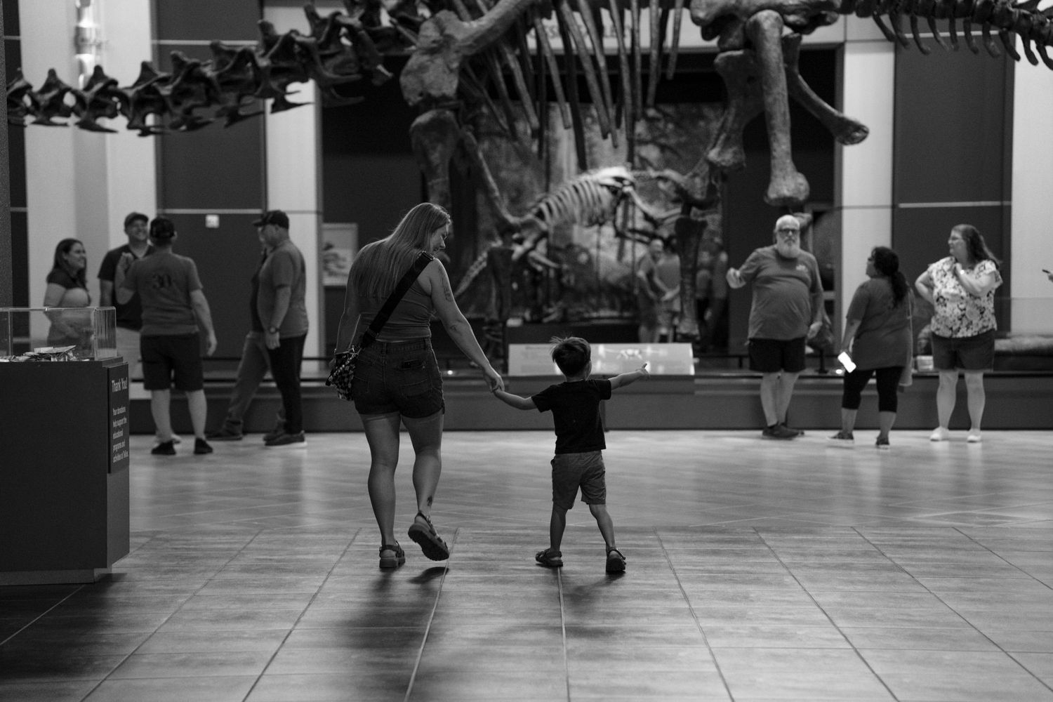 Two people dance beneath a dinosaur skeleton display in what appears to be a museum hall.