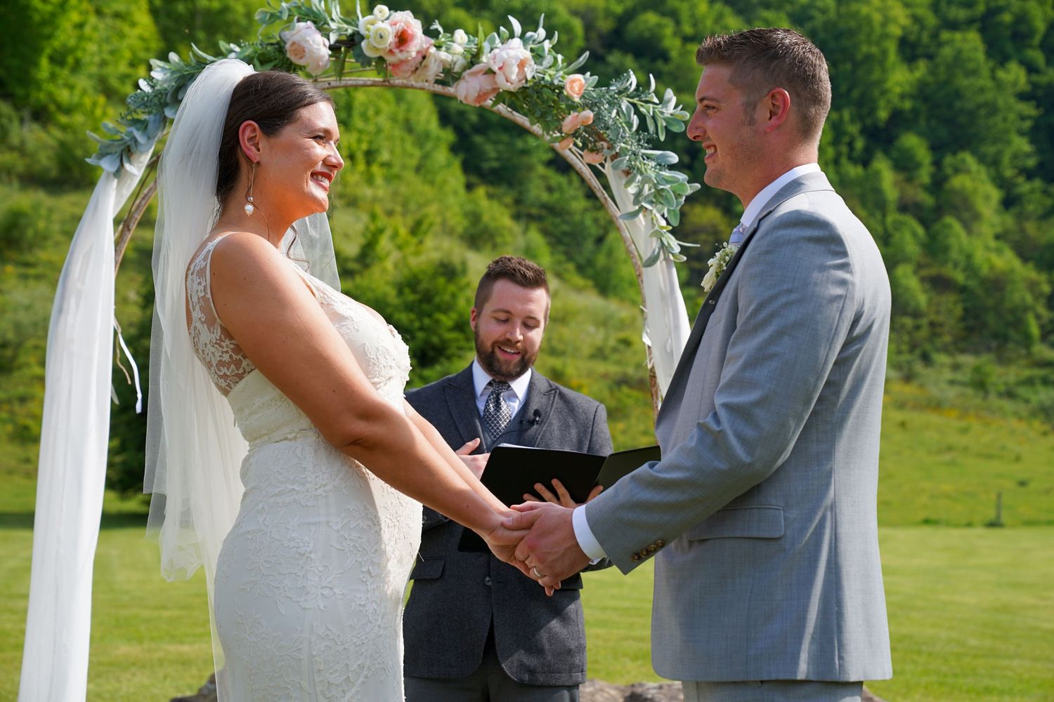 A series of wedding ceremony photos showing a couple exchanging vows outdoors with white pillars and green foliage.