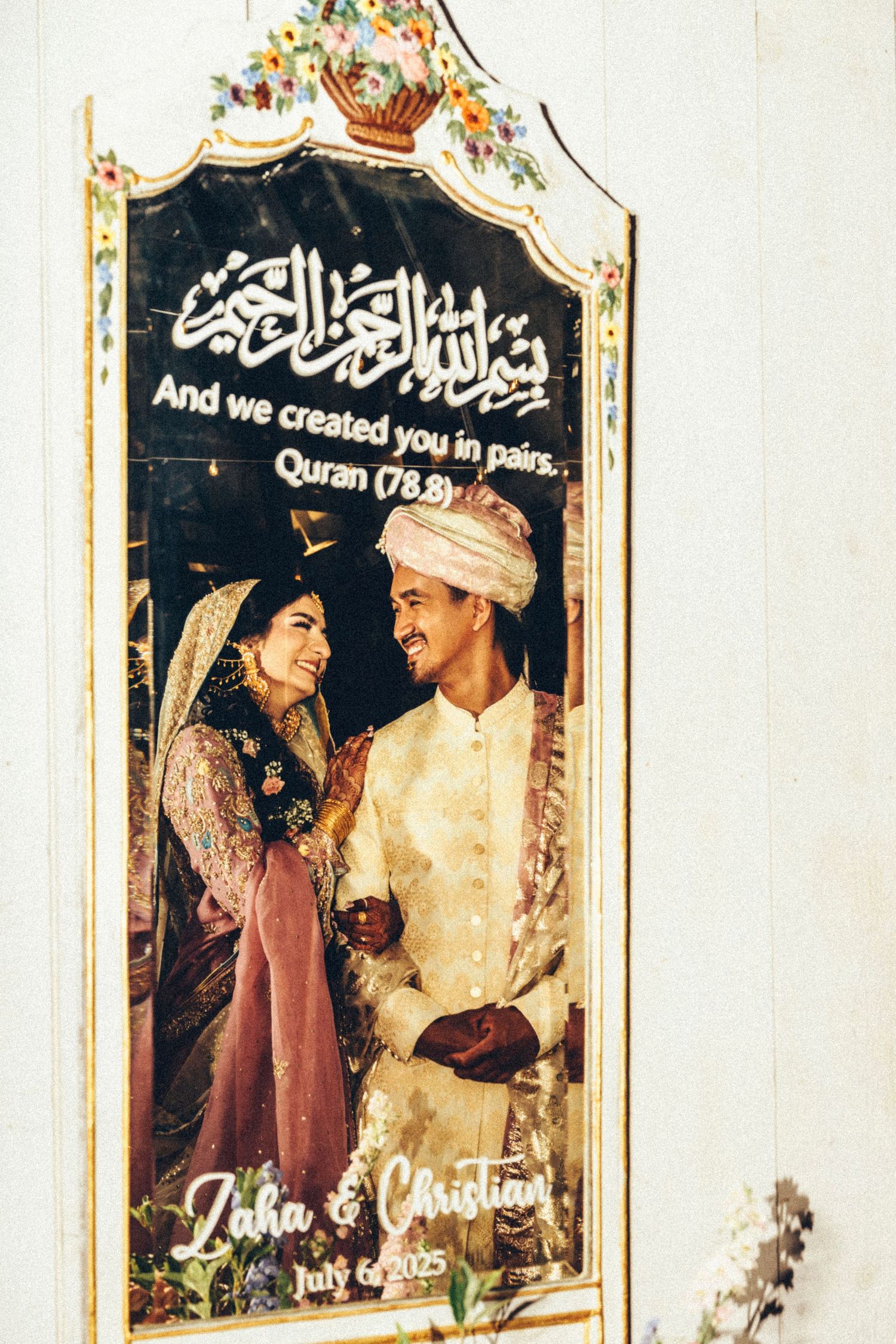 Decorative wedding mirror sign featuring couple photo with Quran verse for Zaha and Christian, July 6 2025.