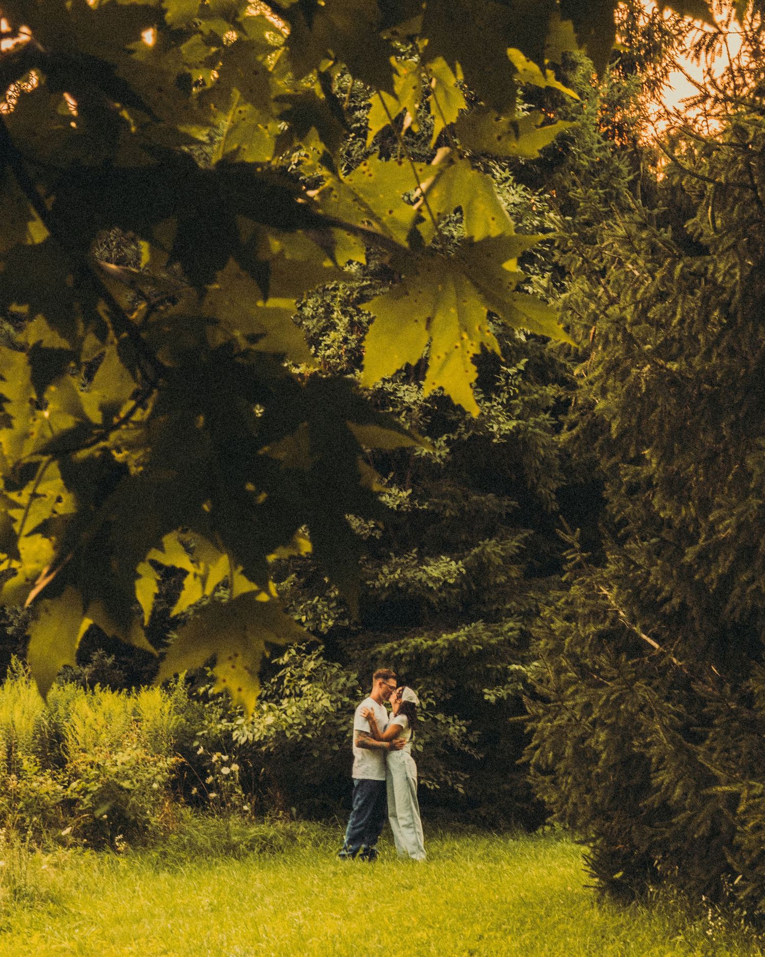 A couple embracing in a lush green garden framed by large leafy tree branches.