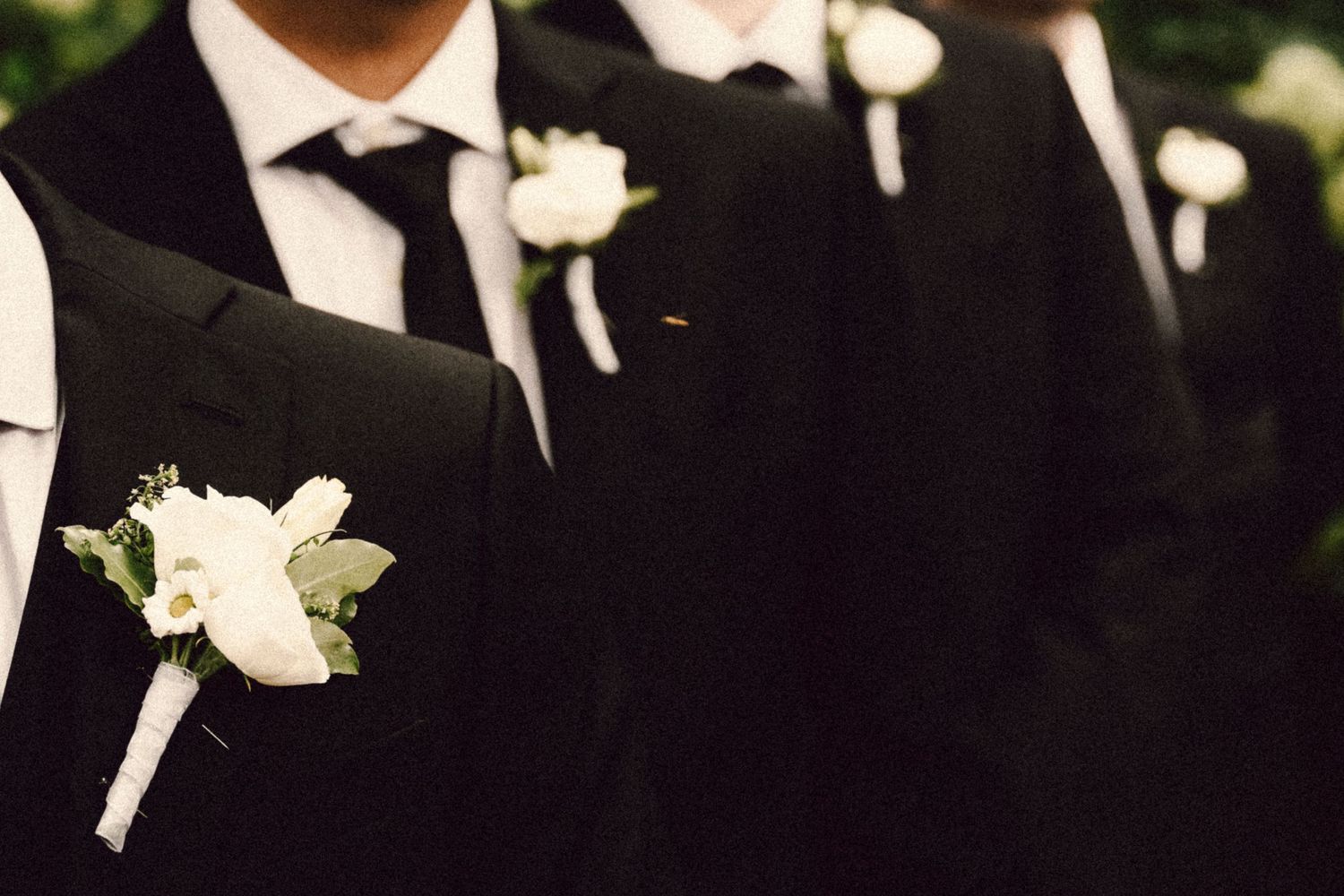 Row of groomsmen in black suits with white rose boutonnieres at an outdoor wedding ceremony.