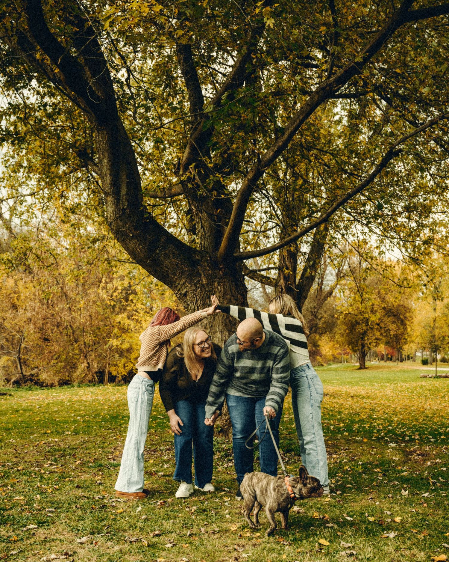 Family with dog laughing together under large autumn tree in park with golden fall foliage.
