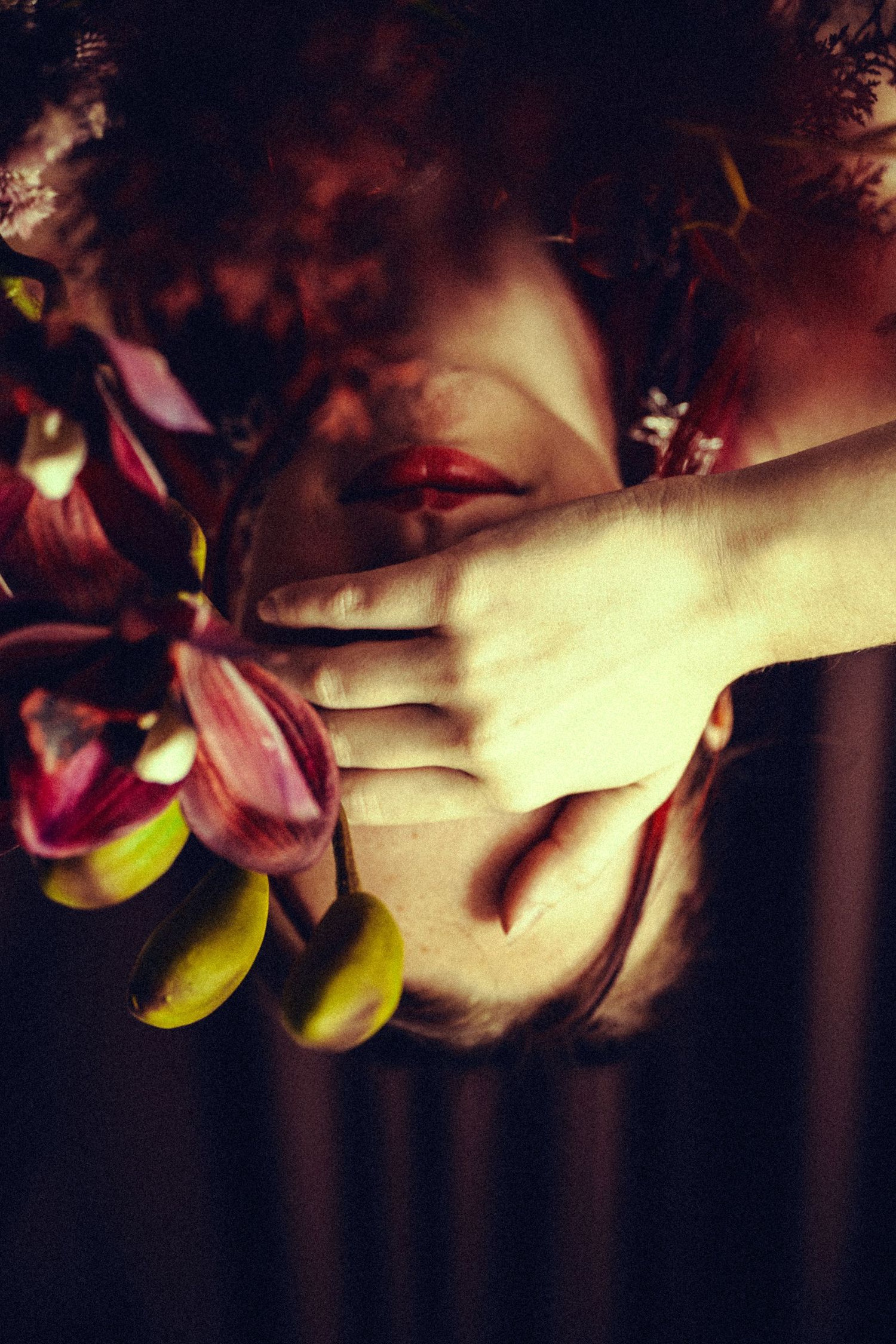 Woman with curly hair holding dark pink tulips covering her face in moody lighting.