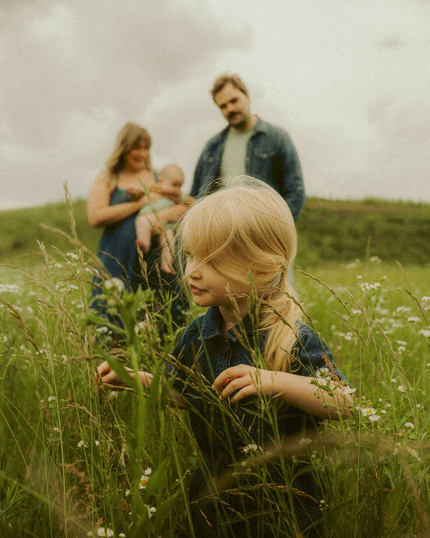 Young blonde girl picking wildflowers in green meadow with parents and baby in background on cloudy day.