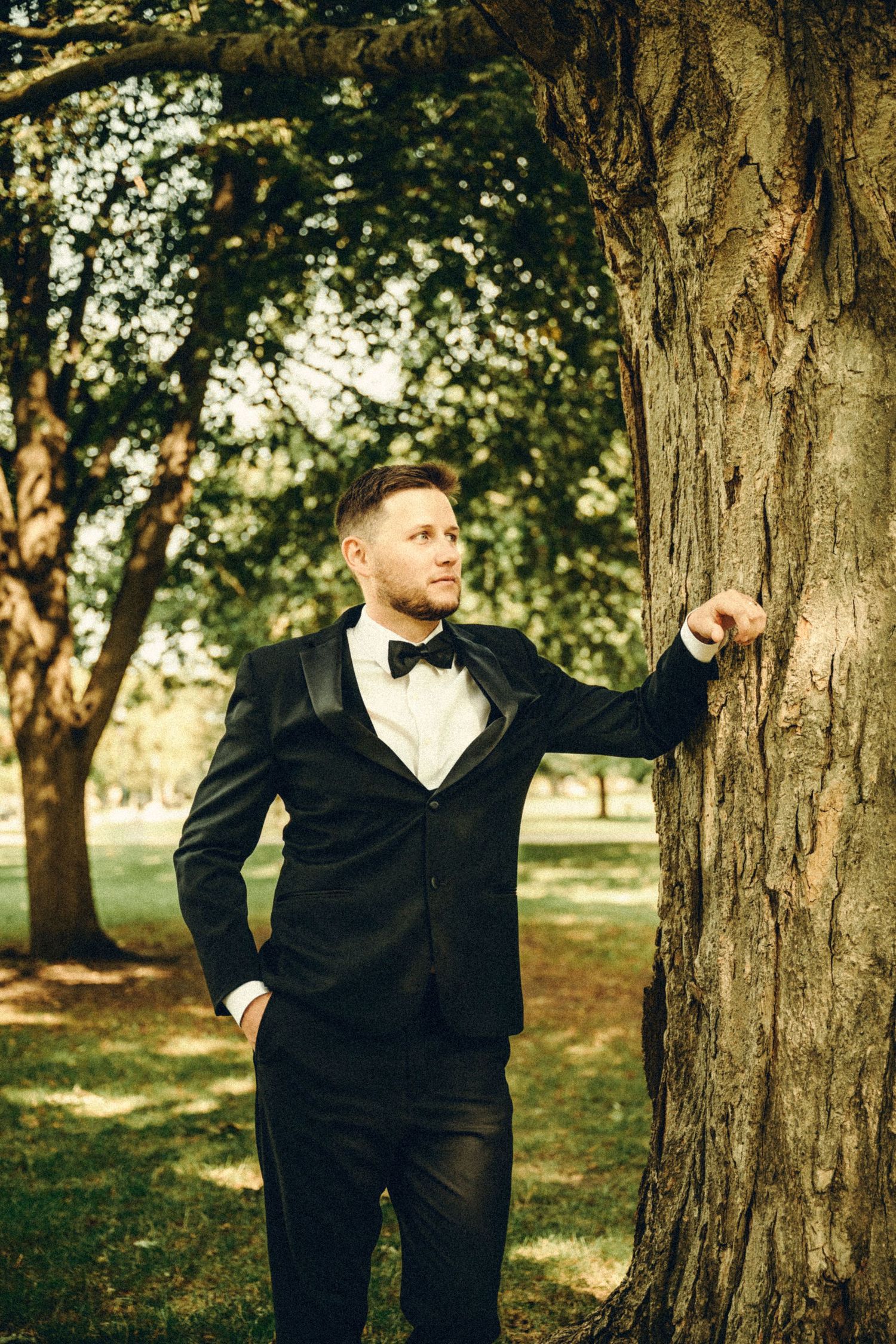 Handsome groom in black tuxedo with bow tie leaning against tree in sunny park.