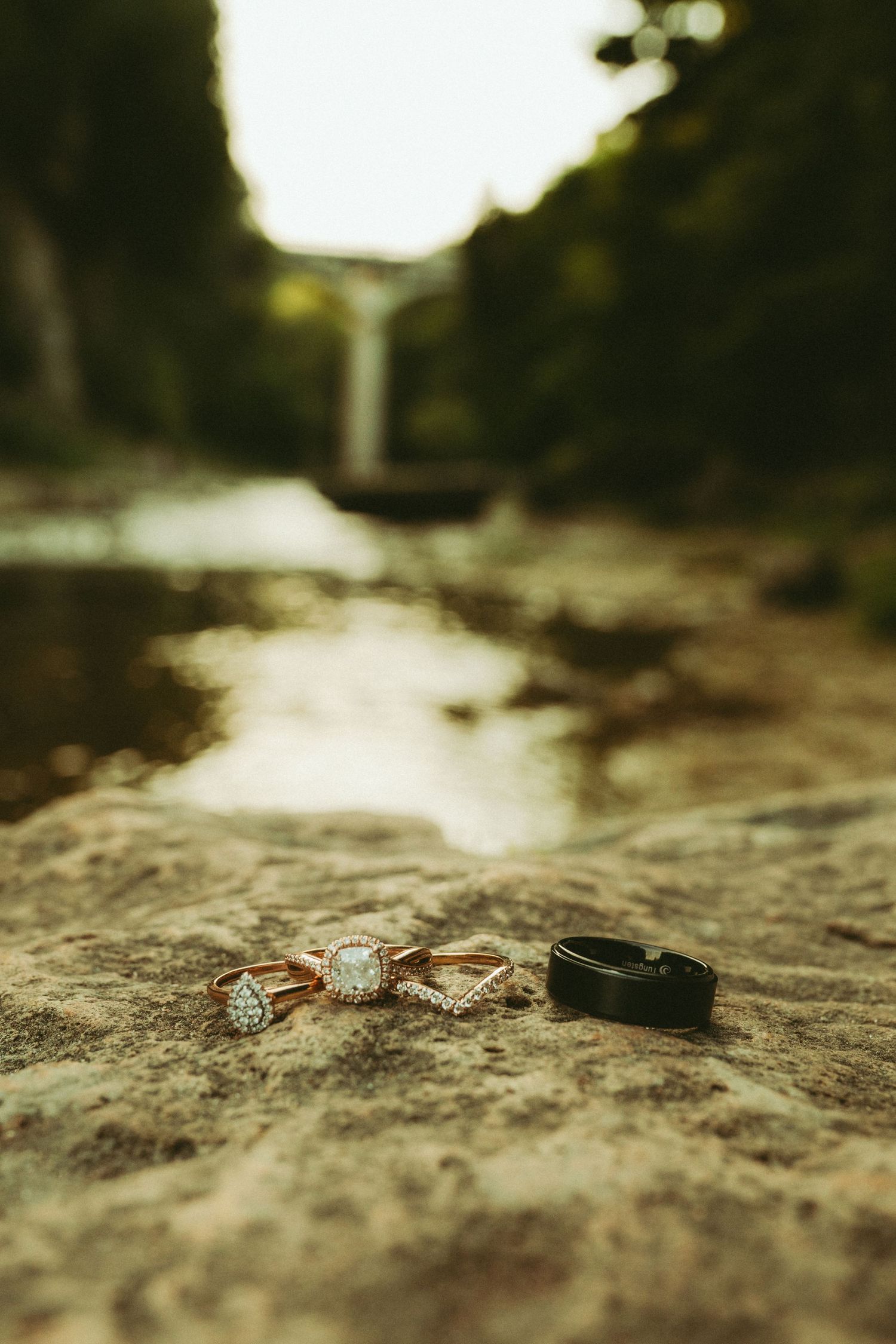 Wedding rings and engagement ring displayed on a rock with a serene river gorge in background.