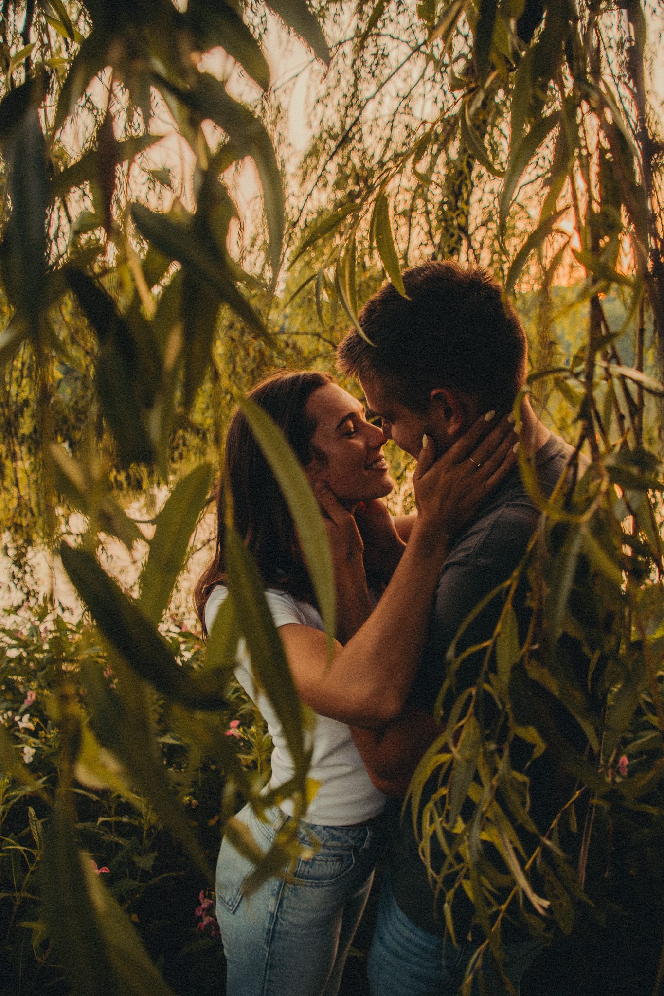 Romantic couple about to kiss surrounded by lush green weeping willow branches at sunset.