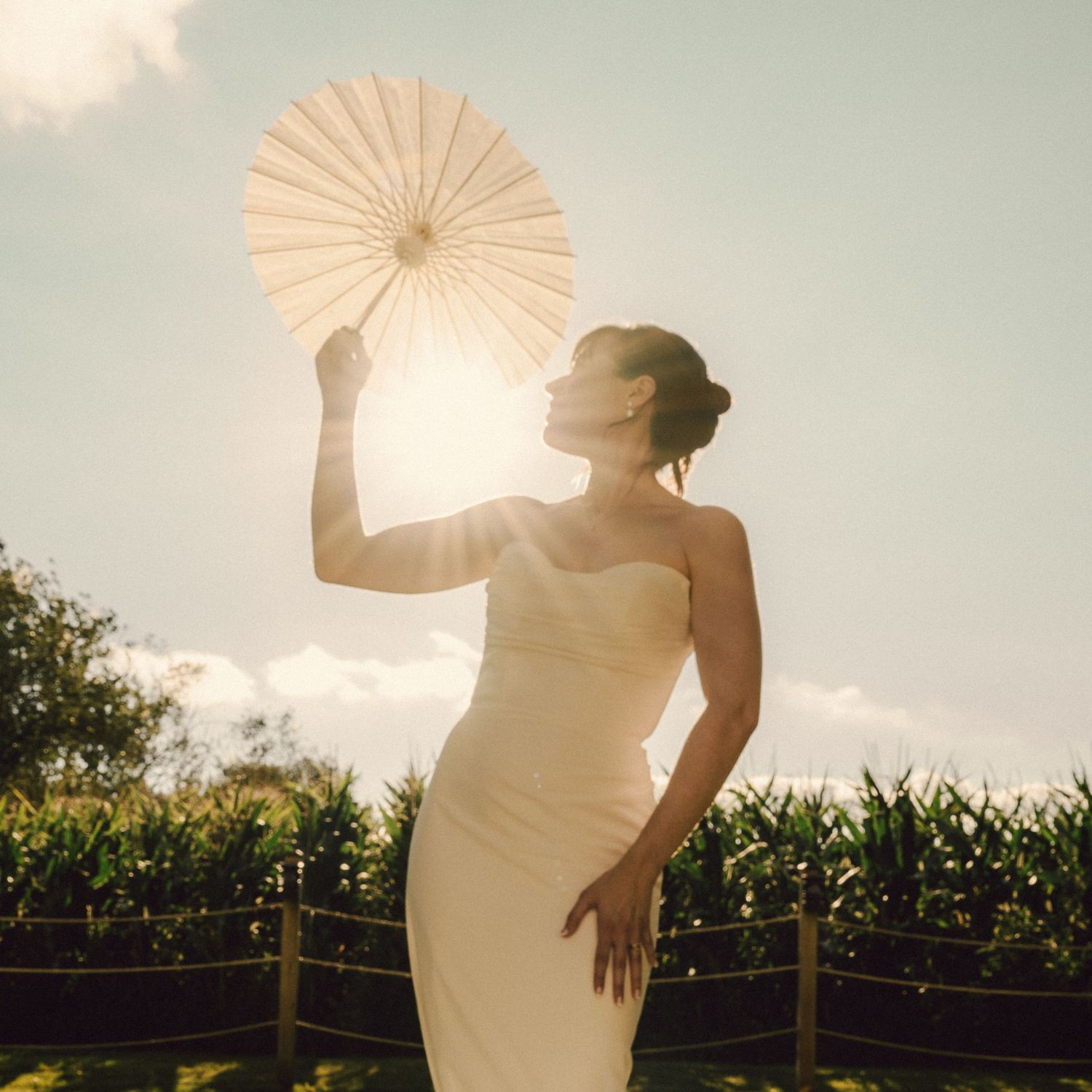 Bride in strapless white gown holds a white parasol against a bright sunny sky near a cornfield.