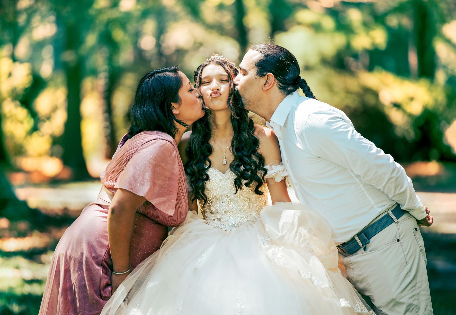 A collection of joyful wedding celebration photos in a lush green garden setting.